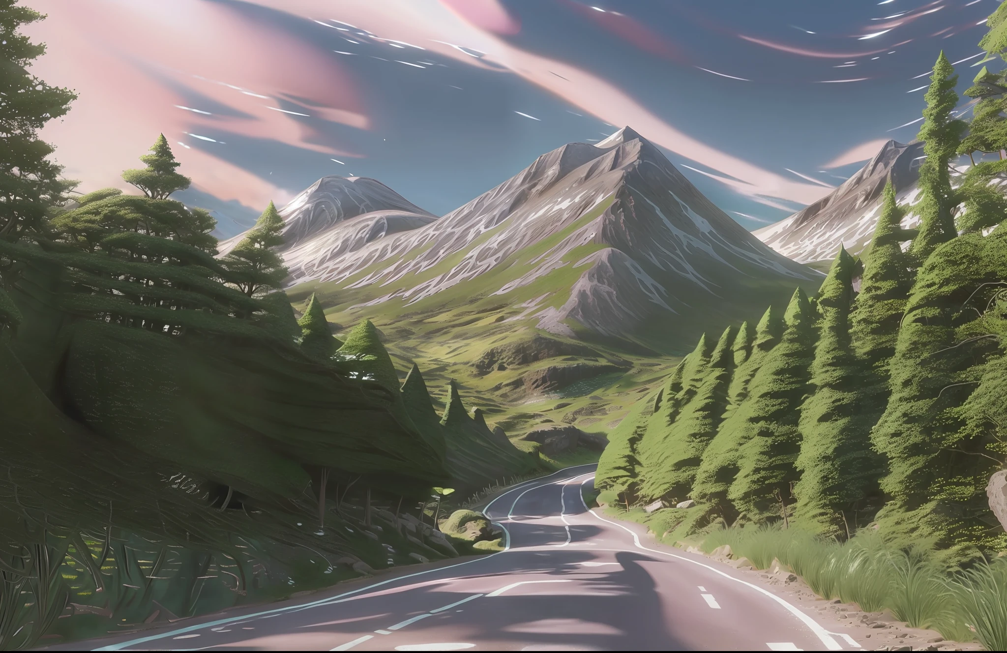 A closeup of a car on a road with a mountain in the background, CGHornity, stunning art style, digital art. ArtStation, trend in ArtStation.', Japanese Art Style, Digital Art Anime Style, Trend at ArtStation headquarters, Anime Nature Wallpap, Anime Art Wallpaper ,Anime Art Wallpaper 16k --auto --s2