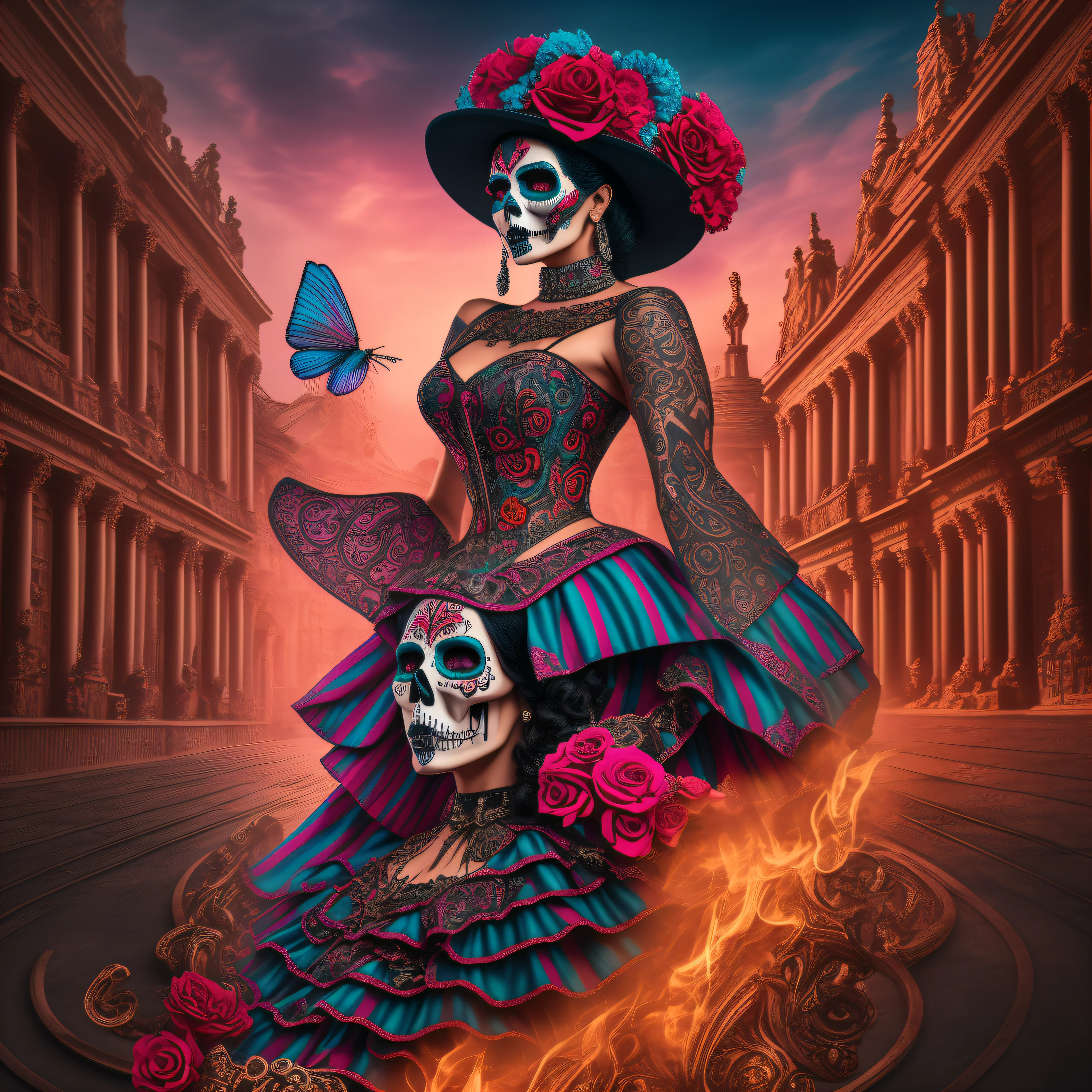 "Timeless Beauty": An image showcasing Catrina La Muerte as a timeless symbol, with a blend of traditional and contemporary elements, emphasizing her enduring allure and relevance in Mexican culture, Surrealism, color field printing, high detail, UHD, 8k, anatomically correct, cinematic lighting 4d quality --auto --s2