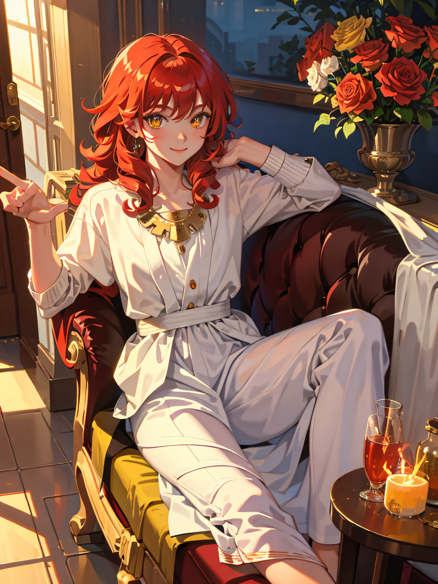 Masterpiece, Best Quality, Youth, Male, Red Curls, Yellow Eyes, Smile, Sunshine, Rose, Flame, Best Light and Shadow