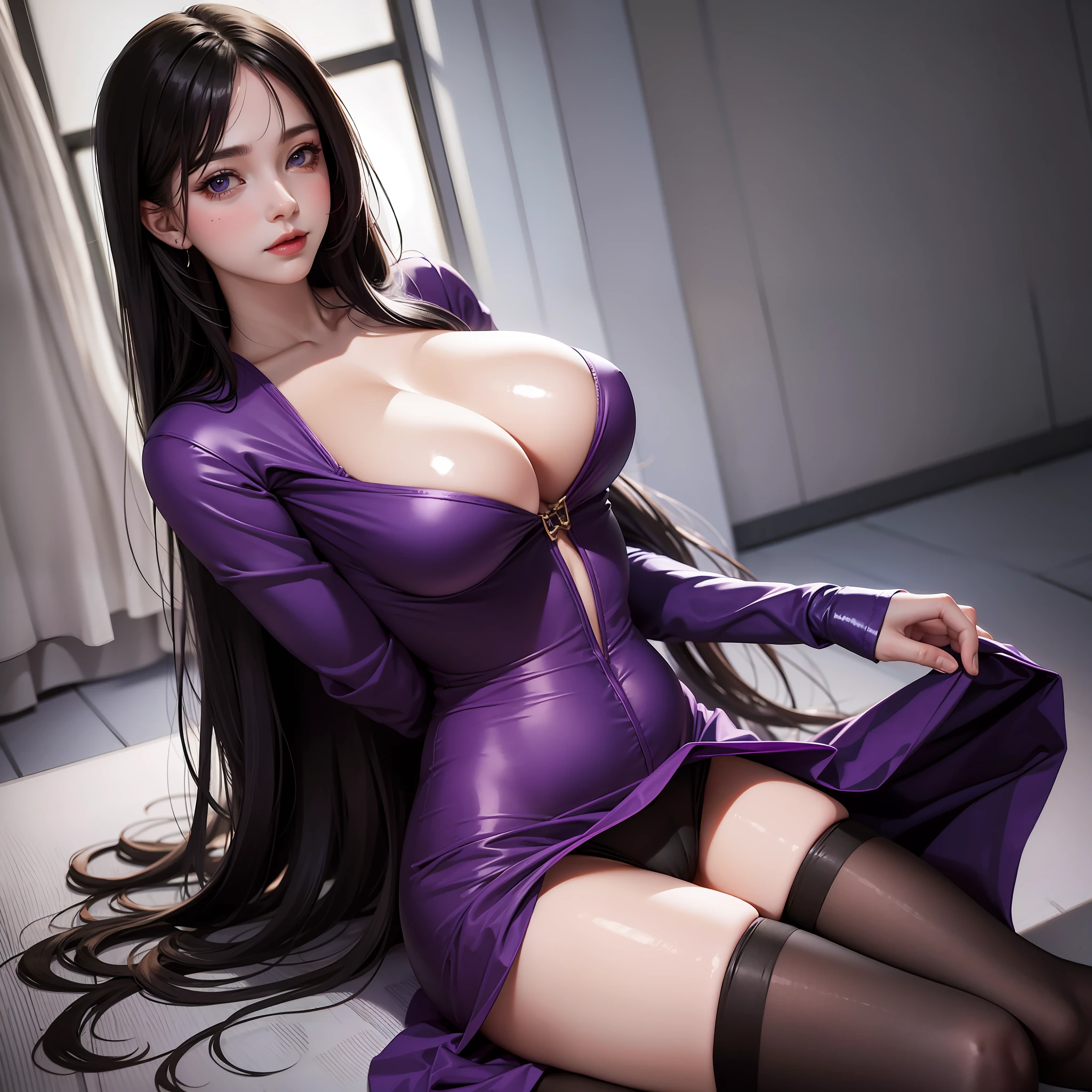 Purple tights, huge breasts, large breasts, squeezed out clothes, delicate face, shiny eyes, long black hair, fair smooth skin