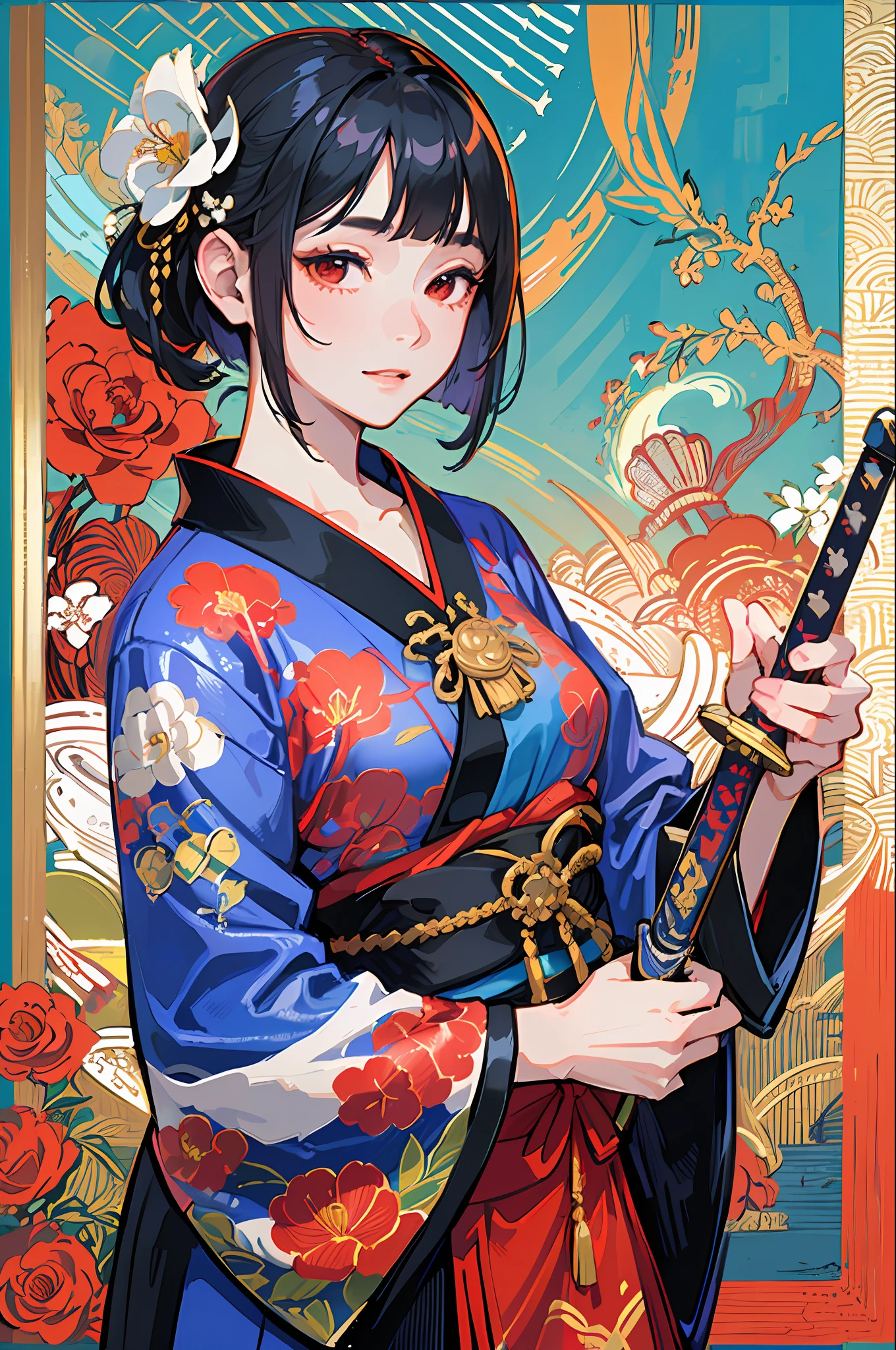 ((masterpiece, super detail, exquisite detail, top quality, illustration), one girl, solo, high quality, watching the viewer, red eyes, black hair, bob cut, floral hair ornament, smile, floral kimono, Japan in the garden, bamboo forest, white gravel garden, shoji door, transparent sunlight, feminine, powerful, traditional, ukiyo-e, oriental aesthetic, elegant, beautiful, attention to detail, bright colors, high contrast, Dynamic lighting, realistic textures, traditional painting style, illustration aesthetics, ((holding a sword)), Tomoe Gozen,
