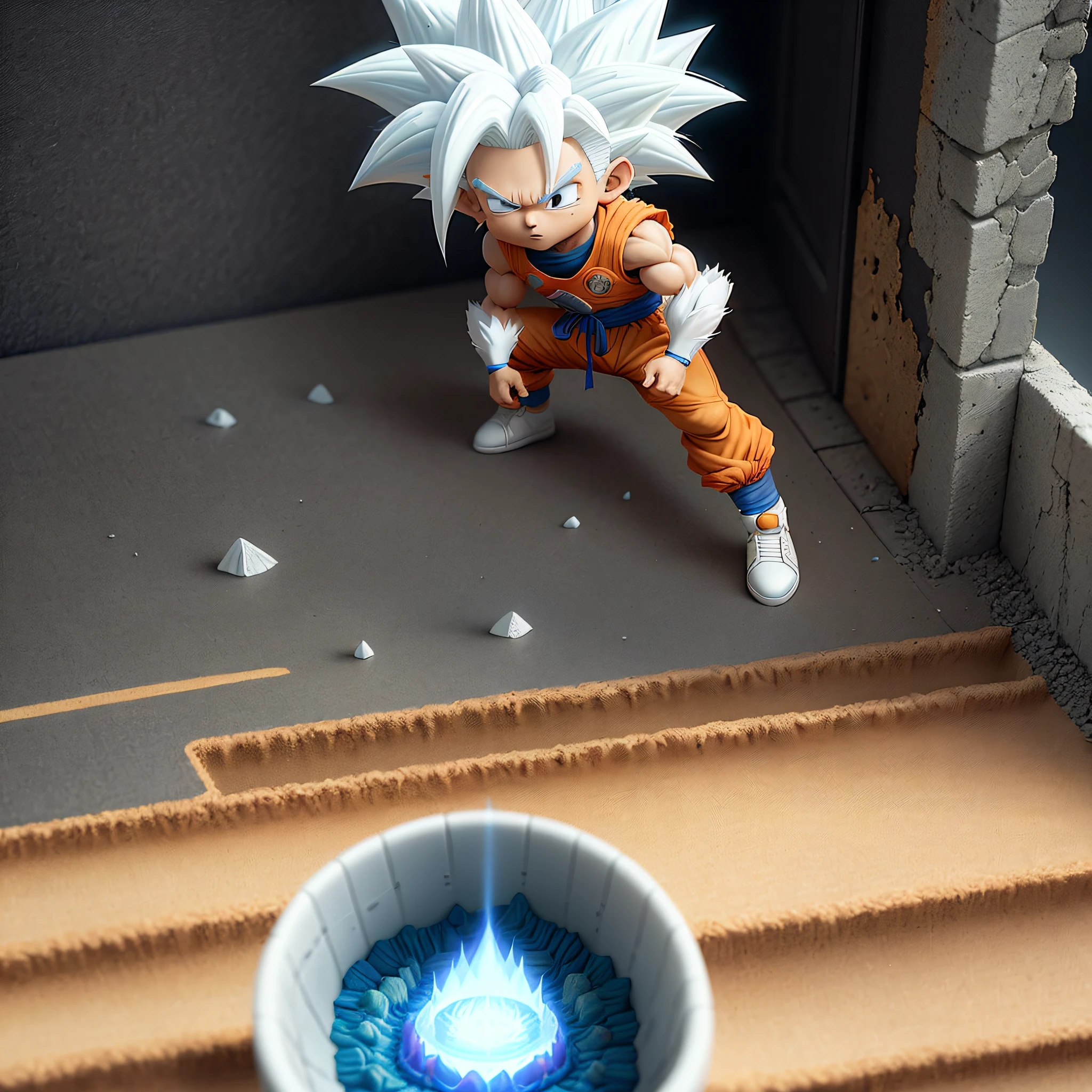 Goku, super saiyan, exquisite hair, arm depiction, white and blue hair body, exquisite shoes, eye depiction, exquisite hair, popmart blind box, clay texture, stepping on the land, black and white background, natural lighting, most good quality, super detail, 3D art, c4d, OC renderer, 3D rendering, 8k