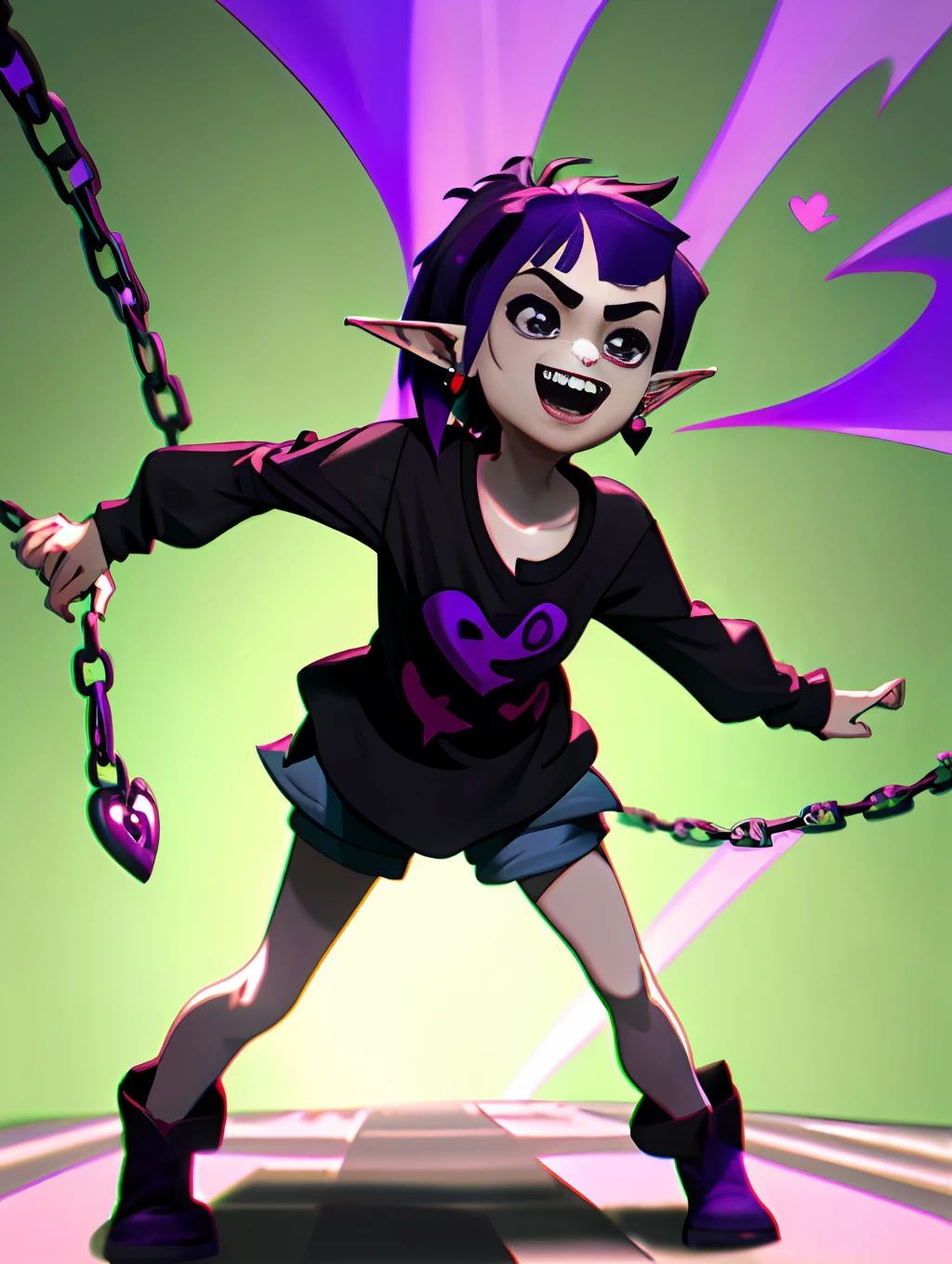 ((masterpiece,best quality)),1girl, loli, solo,elf ears, heart shaped earrings, heart shaped pupils, short hair, ((purple hair)), a pink streak on the bangs, ((a gap between the teeth)), Long black t shirt, long sleeves,
shorts with chain, full body,((fangs))