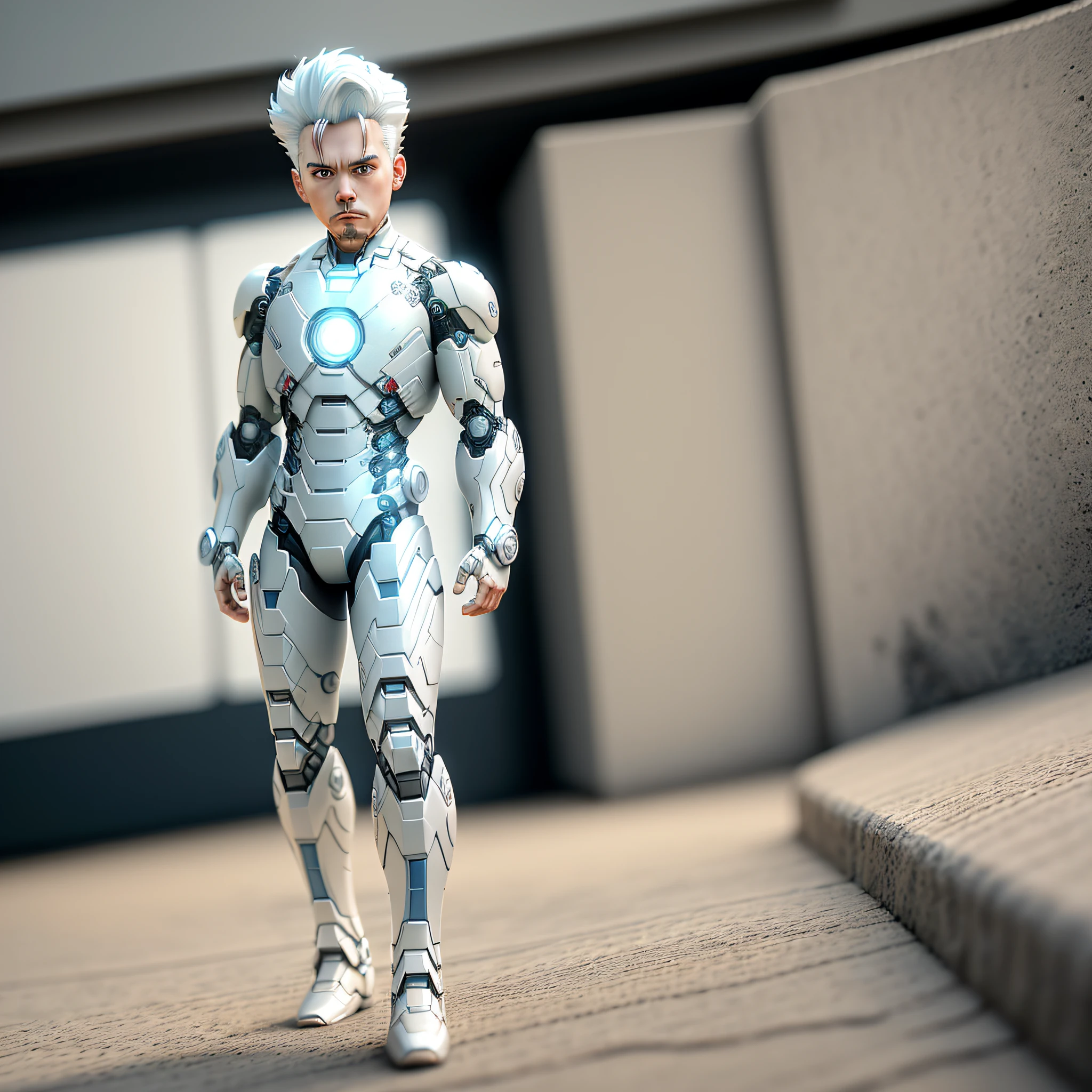 Iron Man, delicate hair, arm portrayal, white and blue hair all over, delicate shoes, eye portrayal, delicate hair, popmart blind box, clay texture, stepping on the earth, black and white background, natural lighting, best quality, hyper detail, 3D art, c4d, OC renderer, 3d rendering, 8k