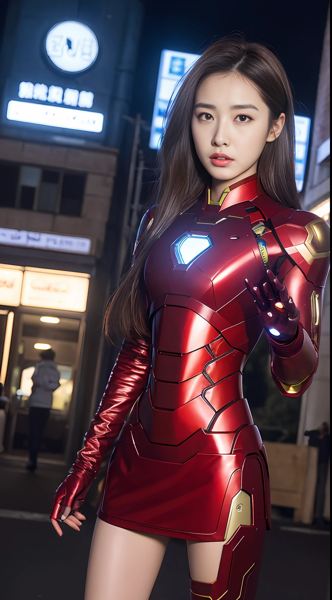 ((Realistic lighting, Best quality, 8K, Masterpiece: 1.3)), Focus: 1.2, 1girl, Perfect figure: 1.4, Slim Abs: 1.1, ((Dark brown hair)), (White dress: 1.4), (Outdoor, Night: 1.1), City streets, Super thin face, Thin eyes, Double eyelids, cyberpunk,iron man