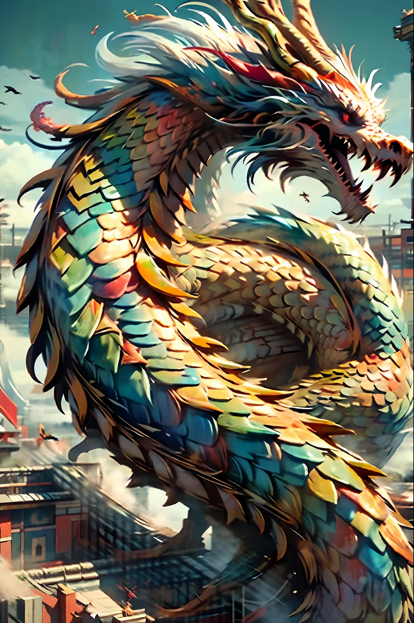 Best quality, masterpiece, super high resolution, no human, (length: 1.2), long hair, sharp teeth, red eyes, teeth, giant, 1 girl, bird, outdoor, standing, scales, clouds, horns, from behind, armor, sky, open mouth, monster, size difference, white hair, buildings, valley, (realistic textures: 1.2), (glowing multicolored scales: 1.2), (detailed details: 1.2), hdr, super exquisite 3D modeling