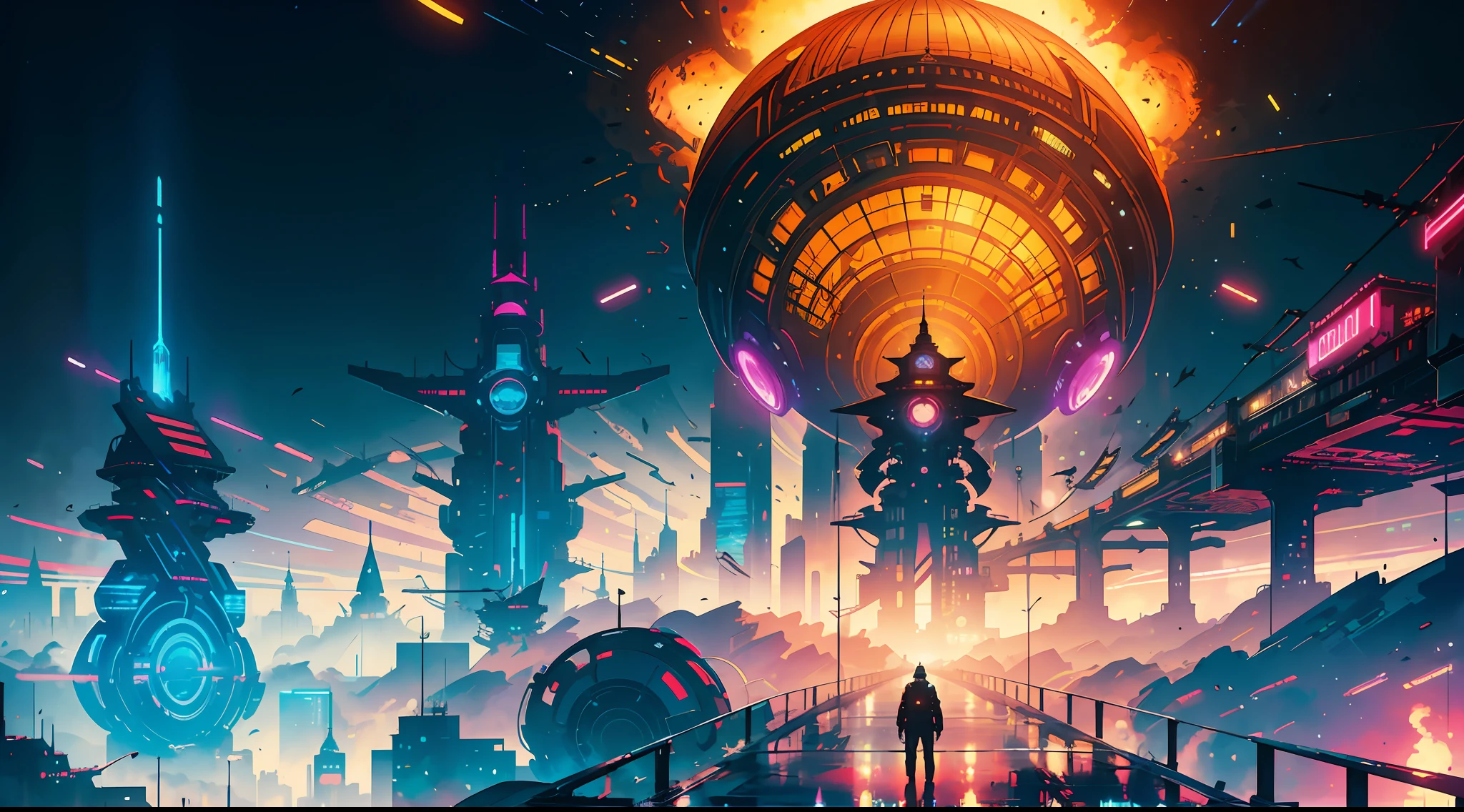 a man standing on a bridge in front of a city with a giant tower, cyberpunk art inspired by Christopher Balaskas, trending on cgsociety, afrofuturism, paul lehr and beeple, epic fantasy sci fi illustration, dan mumford. 8 k octane render, doom eternal art style, arstation and beeple highly, concept art wallpaper 4k