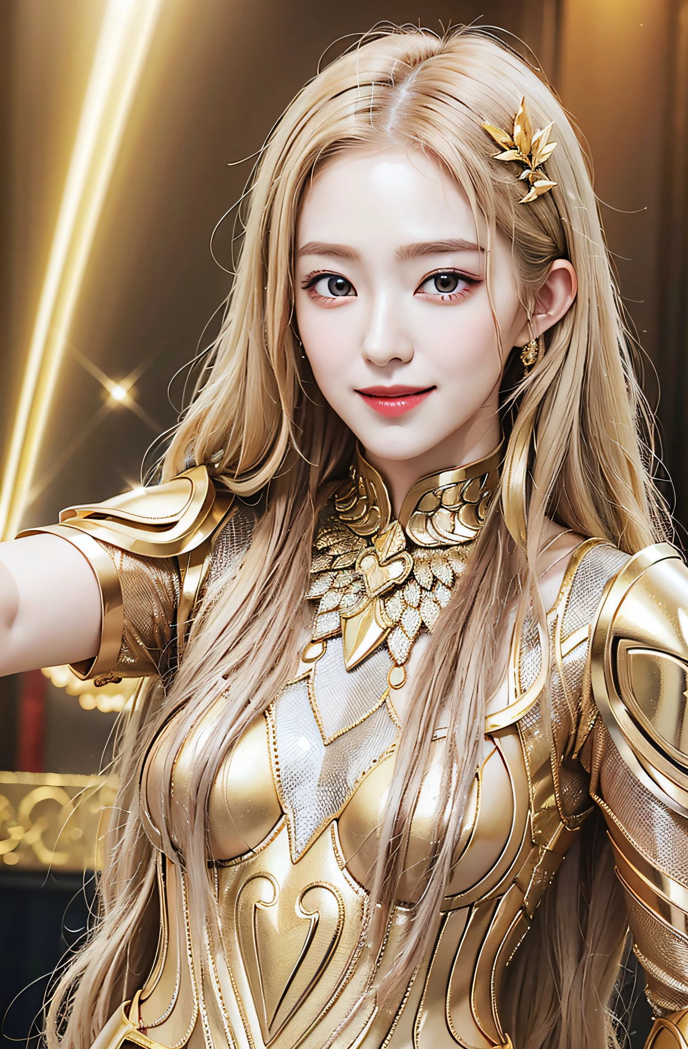 Golden diamond armor, long blonde hair, golden pupils, golden light background, golden transparent wings, diamond texture, smiling, golden eyes, flashing golden notes around, maiden, golden starlight, dazzling