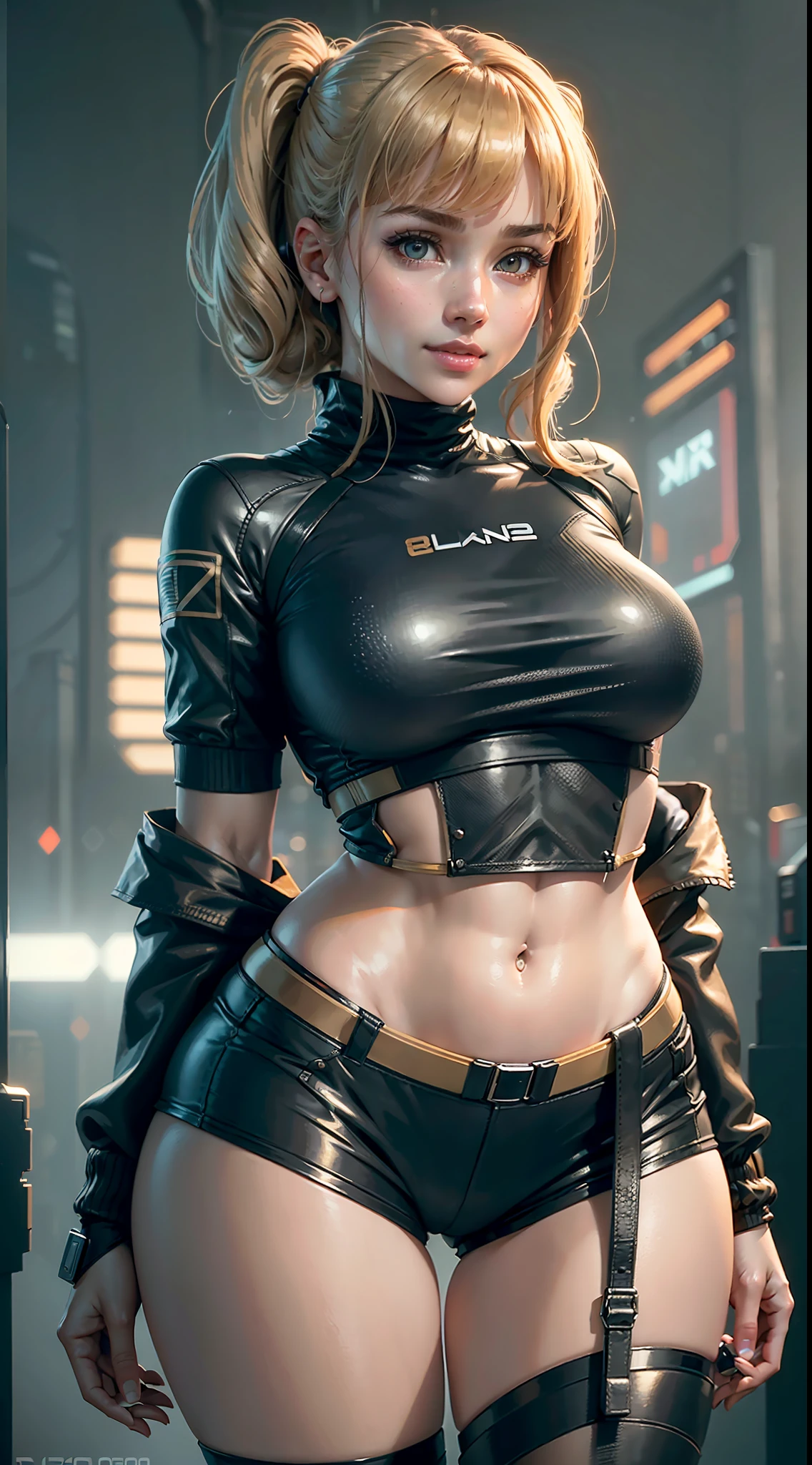 masterpiece, maximum quality, ultra high resolution, 8k, Joi character (Blade Runner 2049 Movie), full body, alone, thin, very detailed face, incredibly identical face, detailed eyes, mischievous smile, cheerful, smooth and soft pellet, wide hips, thick thighs, wearing a micro shorts and strap blouse, realistic photo