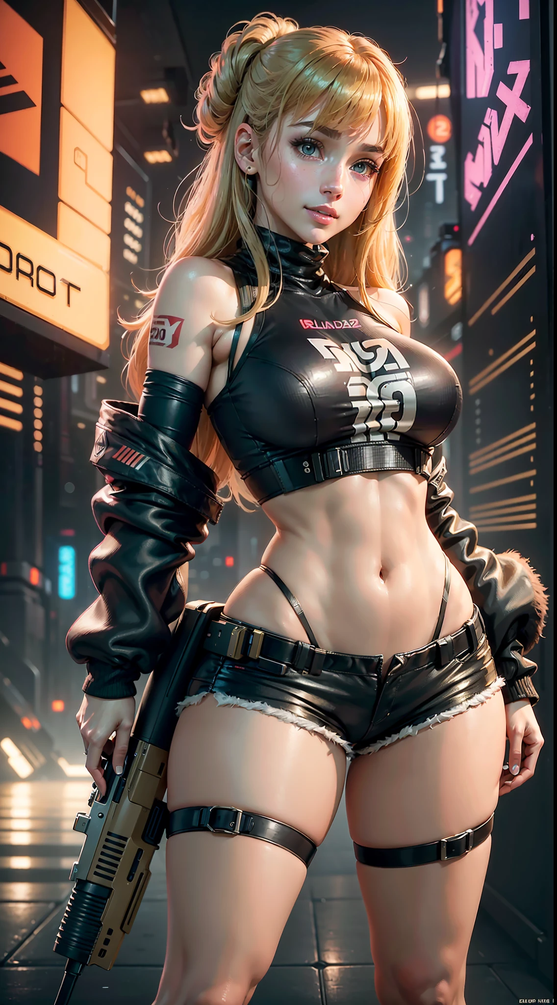 masterpiece, maximum quality, ultra high resolution, 8k, Joi character (Blade Runner 2049 Movie), full body, alone, thin, very detailed face, incredibly identical face, detailed eyes, mischievous smile, cheerful, smooth and soft pellet, wide hips, thick thighs, wearing a micro shorts and strap blouse, realistic photo
