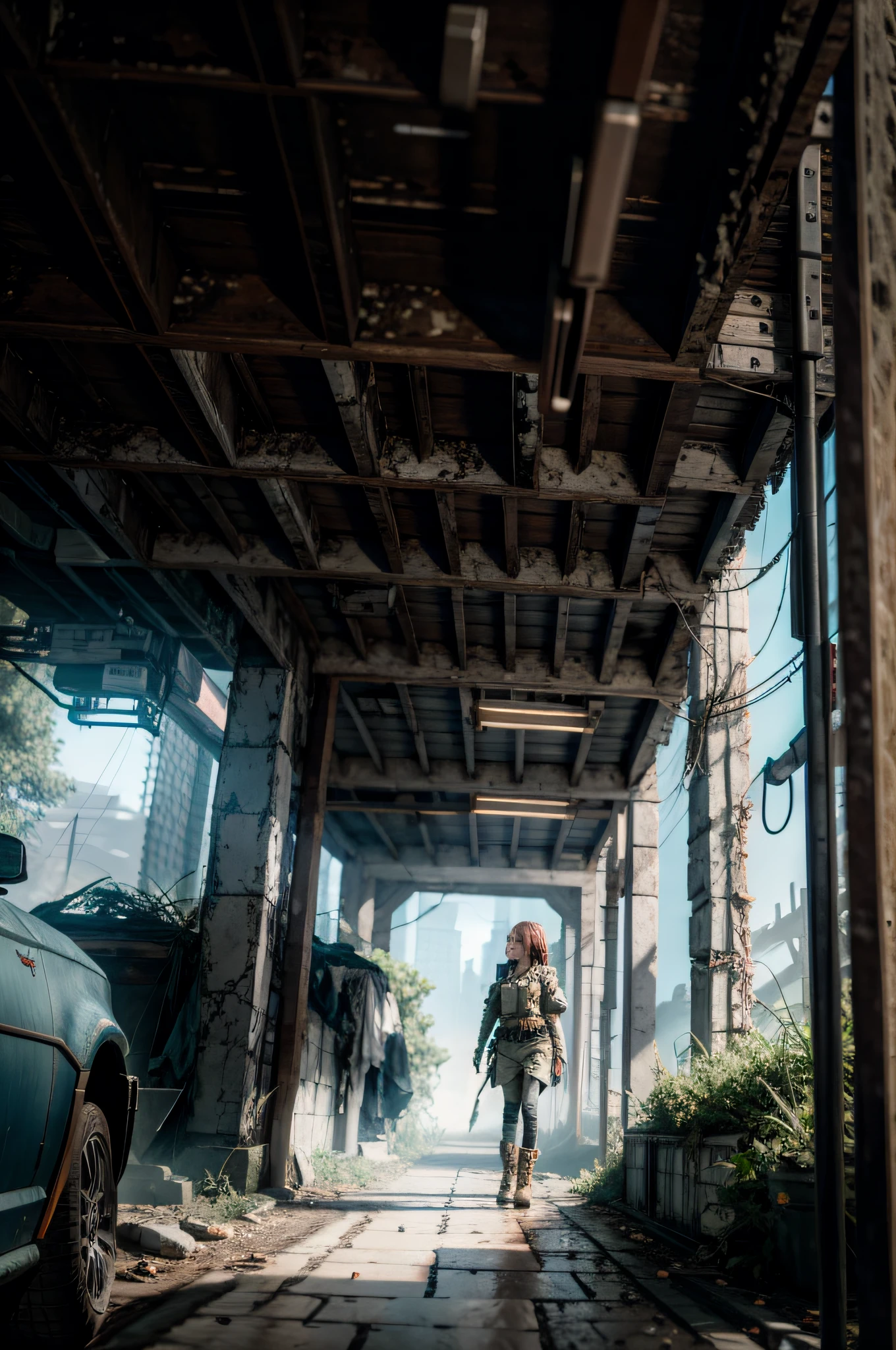 psychedelic, finely detailed, dramatic, ray tracing, Post-Apocalyptic, 1girl