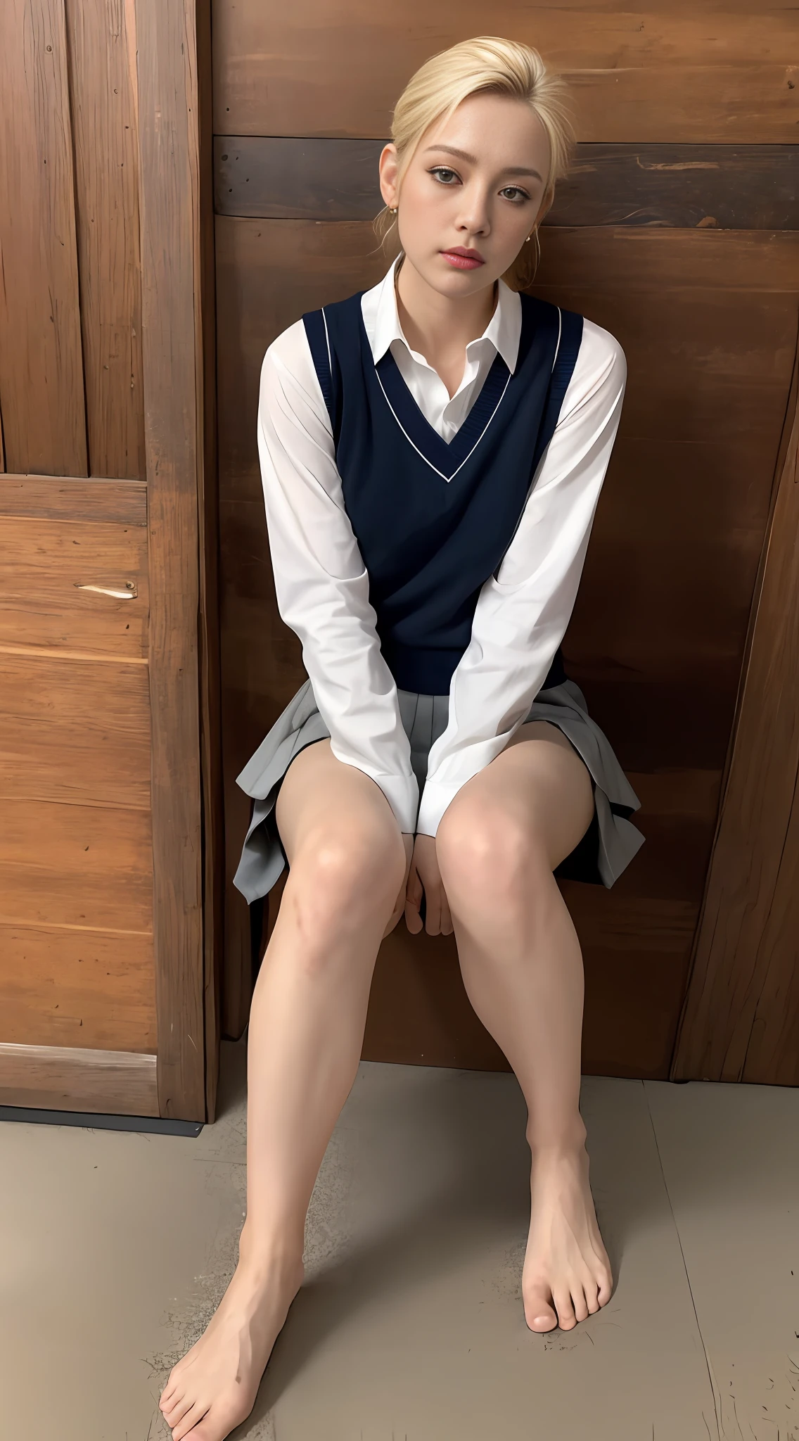 NSFW, 1 girl (8k, RAW photo, top quality, masterpiece: 1.2), (real, realistic: 1.37), asian schoolgirl with pants almost visible, super detailed, bare feet, full body shot, old house in Japan, high school uniform, short miniskirt, realistic eye and face details, natural skin texture, full body, athlete figure, muscular thighs, fair skin, detailed face, movie lighting, realism, realistic backgroundRealistic lighting, white gal, blonde, seductive pose, sweaty, moody, ear piercing, dark makeup