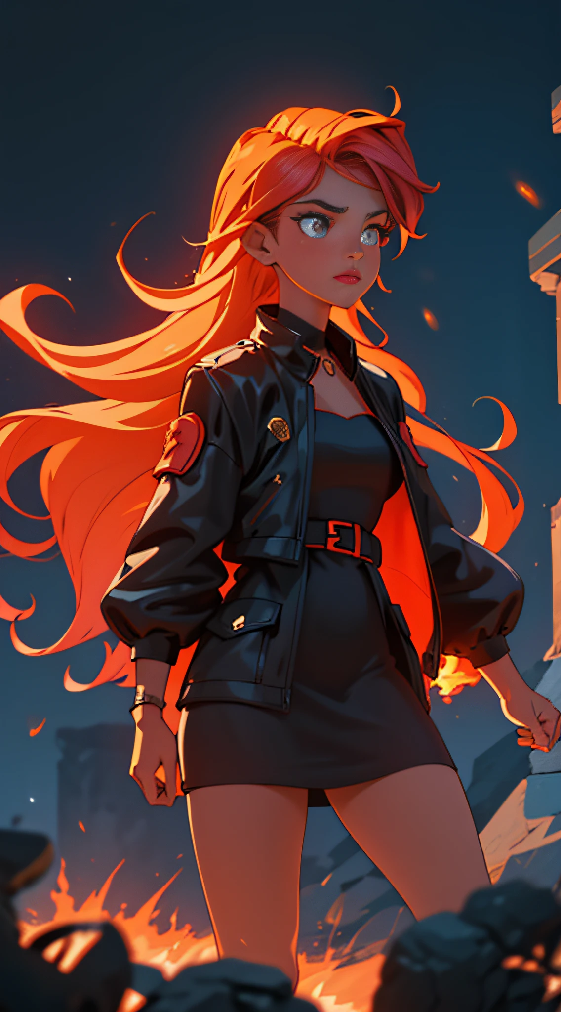 A young girl, with flames for hair, she's a model, she's wearing a fashion dress, she's 15, her eyes are orange, Her hair is on fire, her hair is shivering flames, just like lina in dota 2, fire, her hair is pure fire, she is black, has dark skin