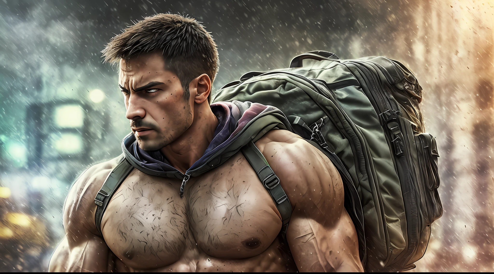 Strong and muscular man, angry street, backpack, realistic epic, photo, faded, complex things around, intricate background, soaked, neutral colors, ((((HDR)))), ((((soft colors)))), intricate scene, artistic station, intricate details, vignette, modify the background of the image, add the photo of the man in the center of the image.