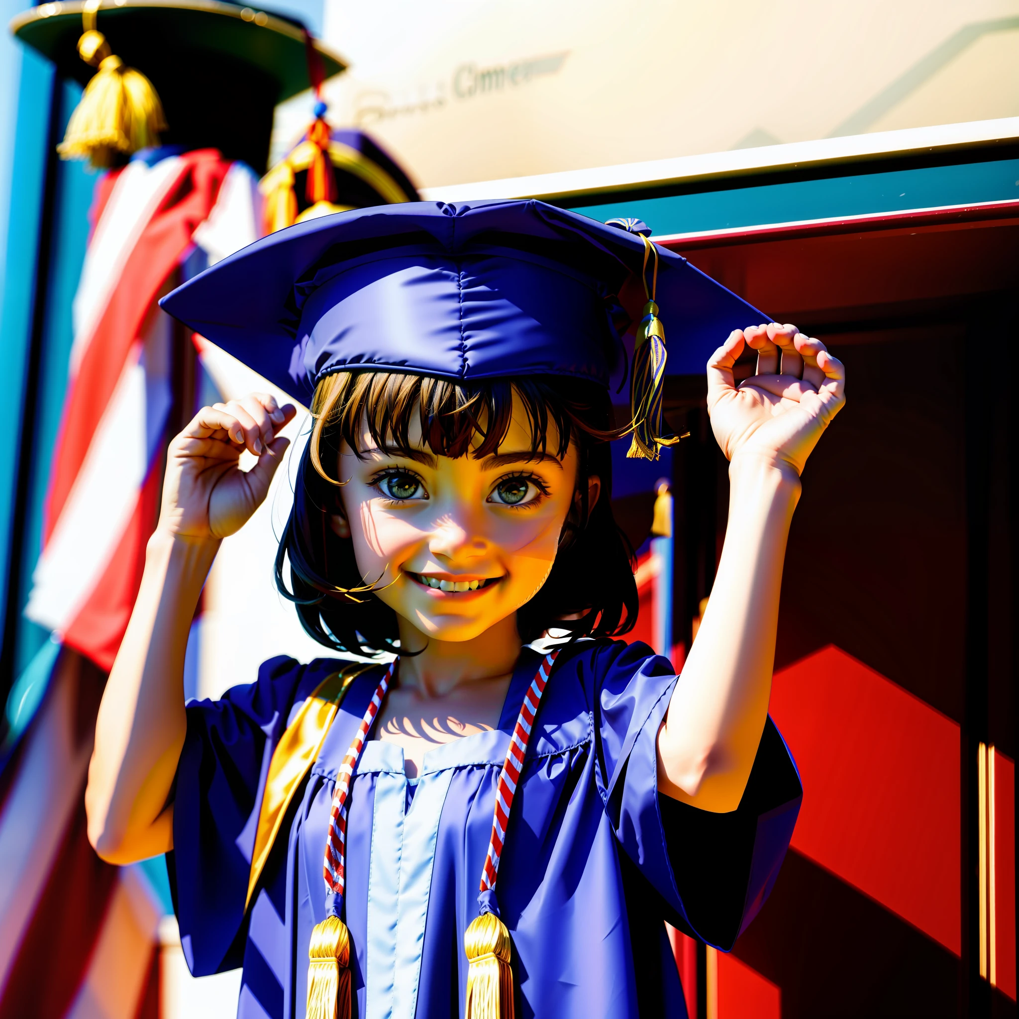 European child graduating from American school, with graduation hat and party dress