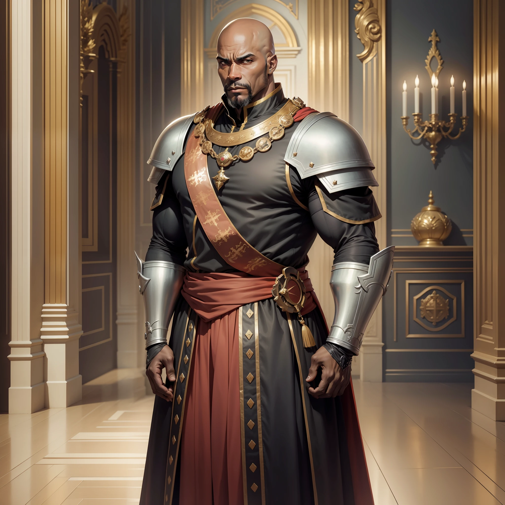 Realistic image of a rustic black man, bald, strong, dressed in black cleric's costumes with shoulder pads, anime character style art, standing in a large anteroom of a royal palace, arms crossed, thoughtful expression