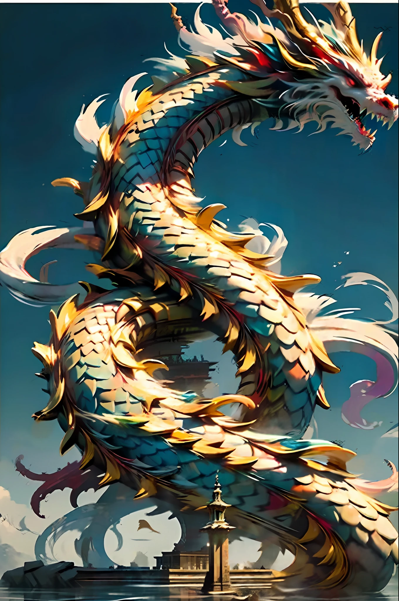 Best quality, masterpiece, super high resolution, no human, (length: 1.2), long hair, sharp teeth, red eyes, teeth, giant, 1 girl, bird, outdoor, standing, scale, cloud, horn, from behind, armor, sky, open mouth, monster, size difference, white hair, architecture, (realistic texture: 1.2), (glowing multicolored scales: 1.2), HDR, super refined 3D modeling