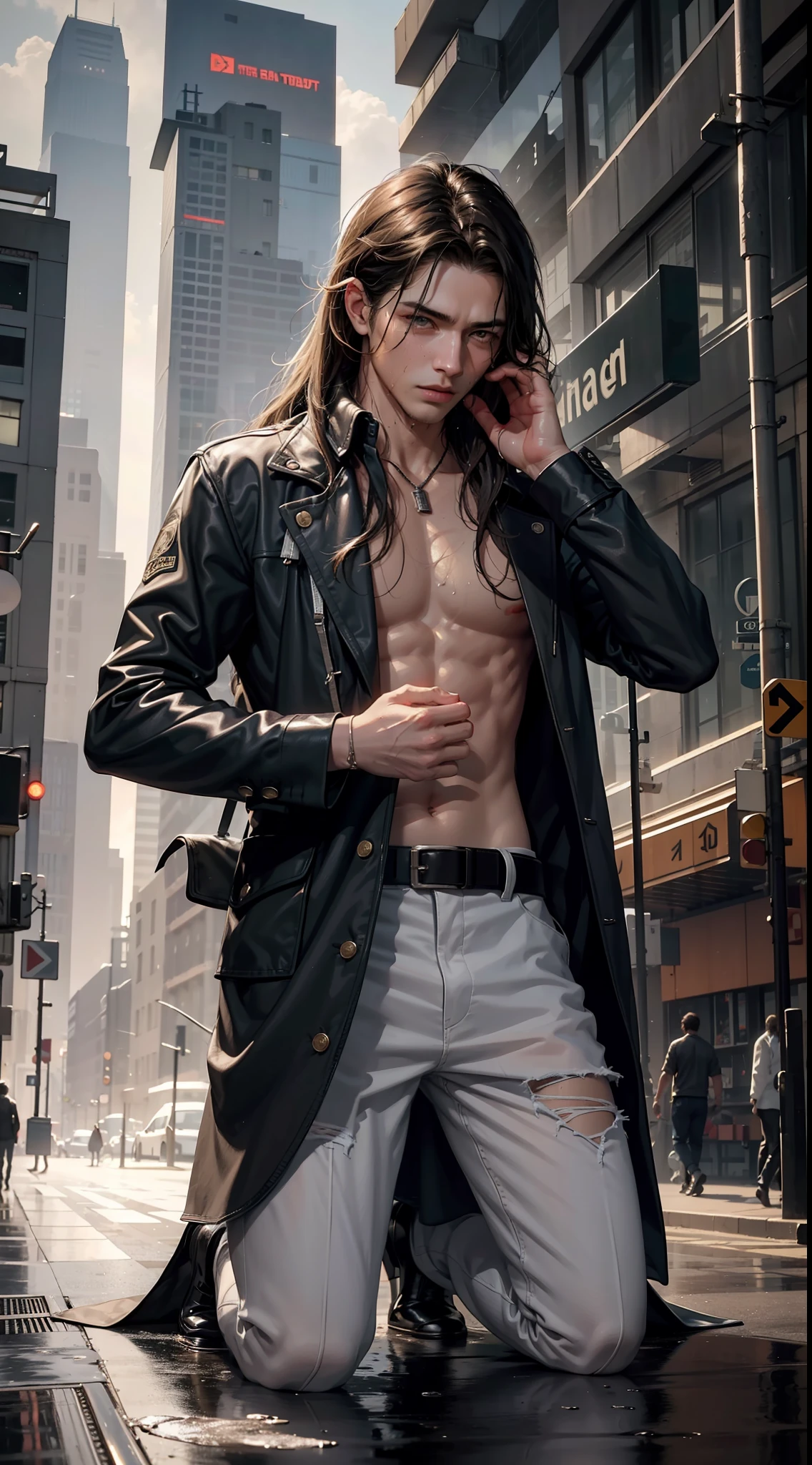 Best Quality, Masterpiece, Ultra High Resolution, (Fidelity: 1.4), Photos, 1 Handsome Long Hair (((Boy)))), Dim, Darkness, Lightning, Despair, Pathese, Movie, Tears, Teardrops, ((Men)), (Torn Clothes: 1.5), (Wet Clothes: 1.4), Kneeling on the Ground, Saving Yourself, Biting Lower Lip, Bare Shoulders, Real Rain, Wet Hair, (((Men)))