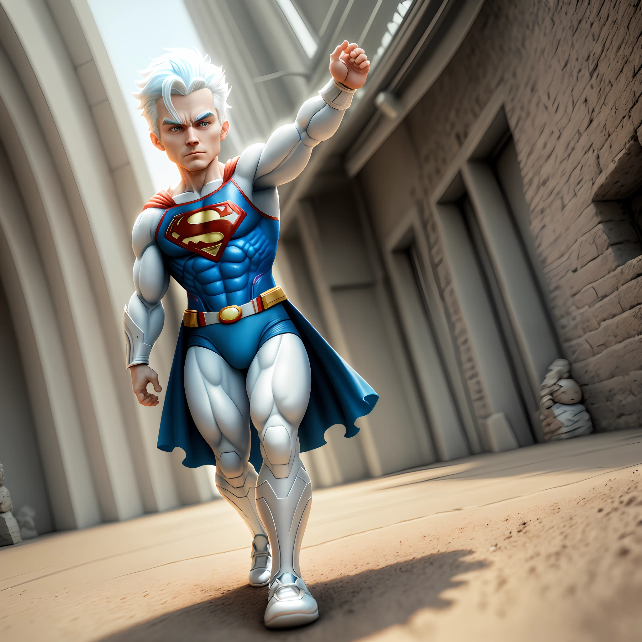 Superman, delicate hair, arm portrayal, white blue hair all over, delicate shoes, eye portrayal, delicate hair, popmart blind box, clay texture, stepping on the earth, black and white background, natural lighting, best quality, hyperdetail, 3d art, c4d, oc renderer, 3d rendering, 8k