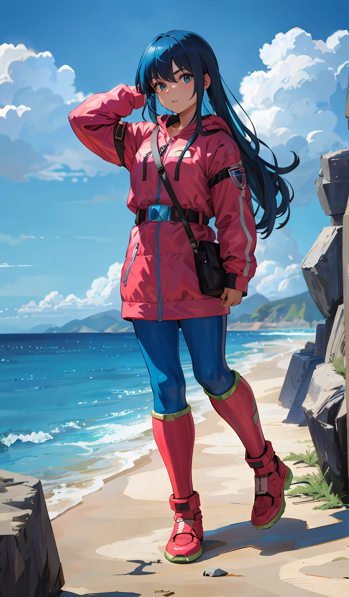 4K, realistic, charismatic, very detailed, there is a girl in the sky, wearing power rangers, she is a power ranger, superhero theme, blue hair, 25 years old, full body
