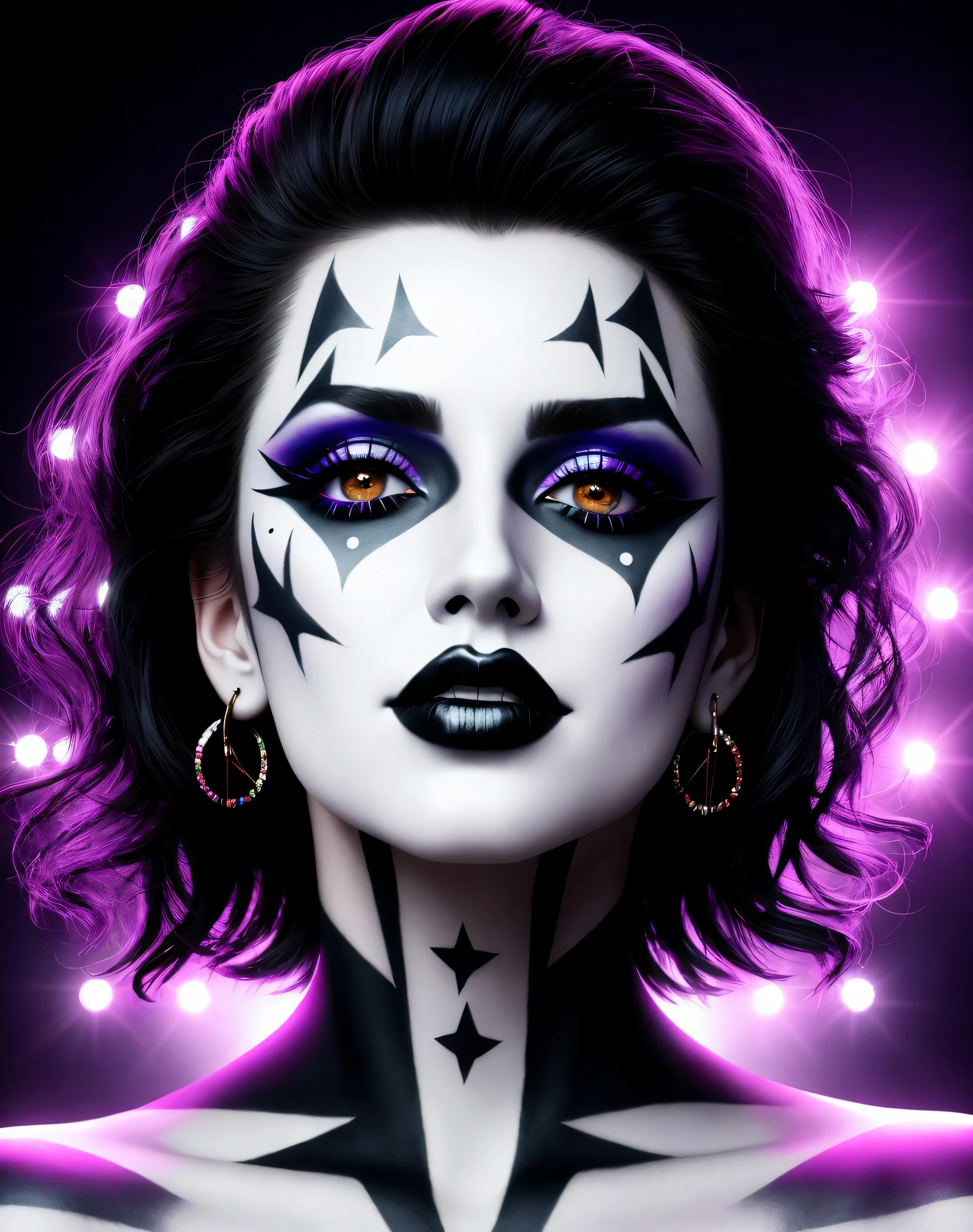 4K, Masterpiece, highres, absurdres,eedg_makeup, a woman with a black and white face paint , edg_makeup on face, rockstar attire, rorckstar hair, surreal, lights on, shadows,great composition, (realistic:0.8),(full body picture:1.3)