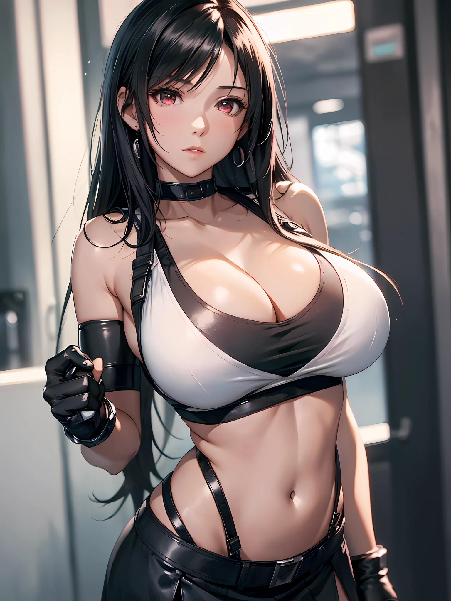 8k,masterpiece, bset quality,big, (1 girl), tifa lockhart, red_eyes, black hair, long hair, professional lighting, (shiny skin: 1.2), shiny big, ((best quality)), sharp focus: 1.2, highly detailed face and skin texture, detailed eyes, perfect face, perfect body, blur art, cg, backgroundBig breasts, presence (20yo, mature cool and beautiful face), wearing (suspender black skirt), black elbow gloves, white taut shirt, thigh, white tank top), blush, (mittgal), hands on own chest,