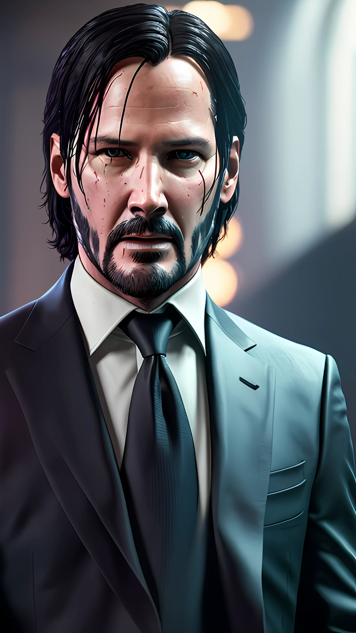 John wick, looking at camera, black suit and tie, photography, soft lighting, soft details, octane, trend artstation, ultra high detail, ultra realistic, cinematic, 16k