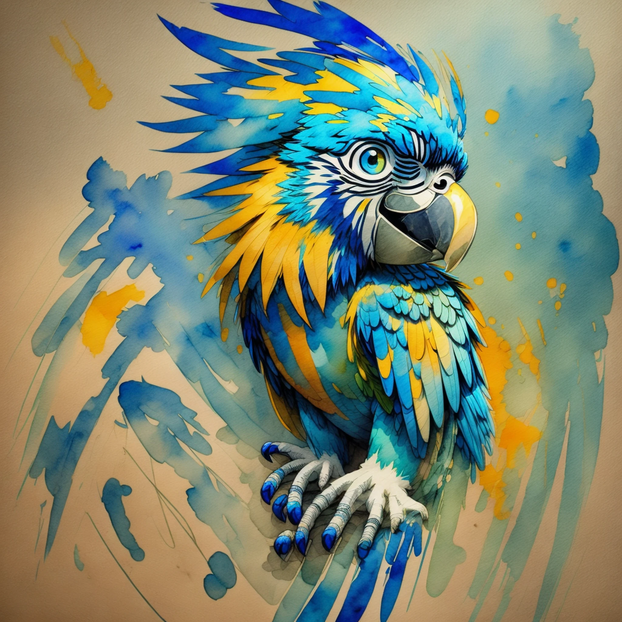 Stilo wtrcolor, digital art of (blue macaw character), official art, frontal, smiling, masterpiece, beautiful, ((watercolor)), face painting, paint splashes, intricate details. Detailed and highly detailed eyes, [pinging: 0, 5], Trend in artstation, by Rachel Walker , Pop art, Pixar, anime style --auto --s2