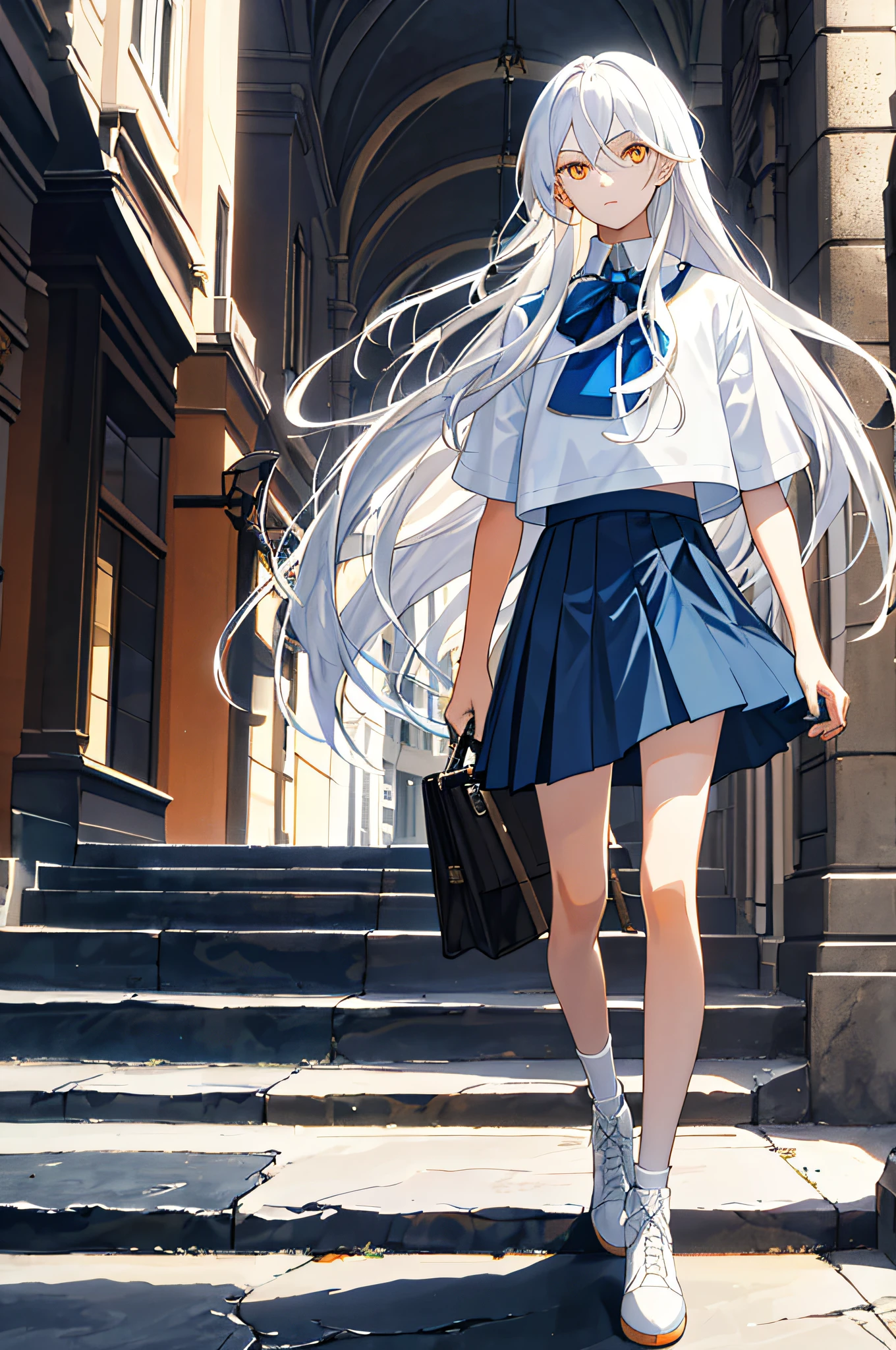 Masterpiece, best quality, best light and shadow, ((teenager, male)), long white hair, straight hair, no bangs, orange eyes, dark blue skirt, white, blue, mall, city