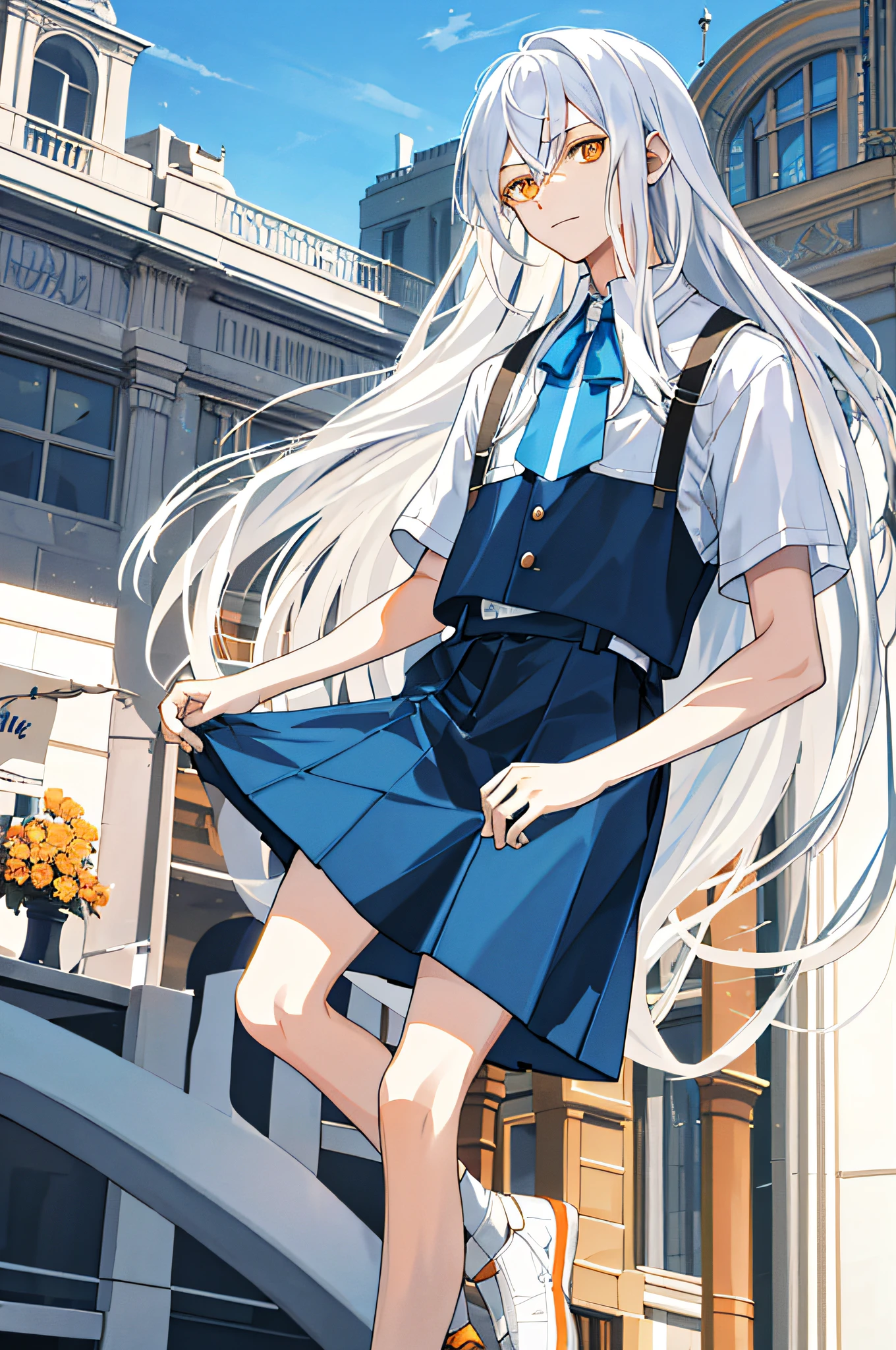 Masterpiece, best quality, best light and shadow, ((ager, male)), long white hair, straight hair, no bangs, orange eyes, blue skirt, white, blue, mall, city