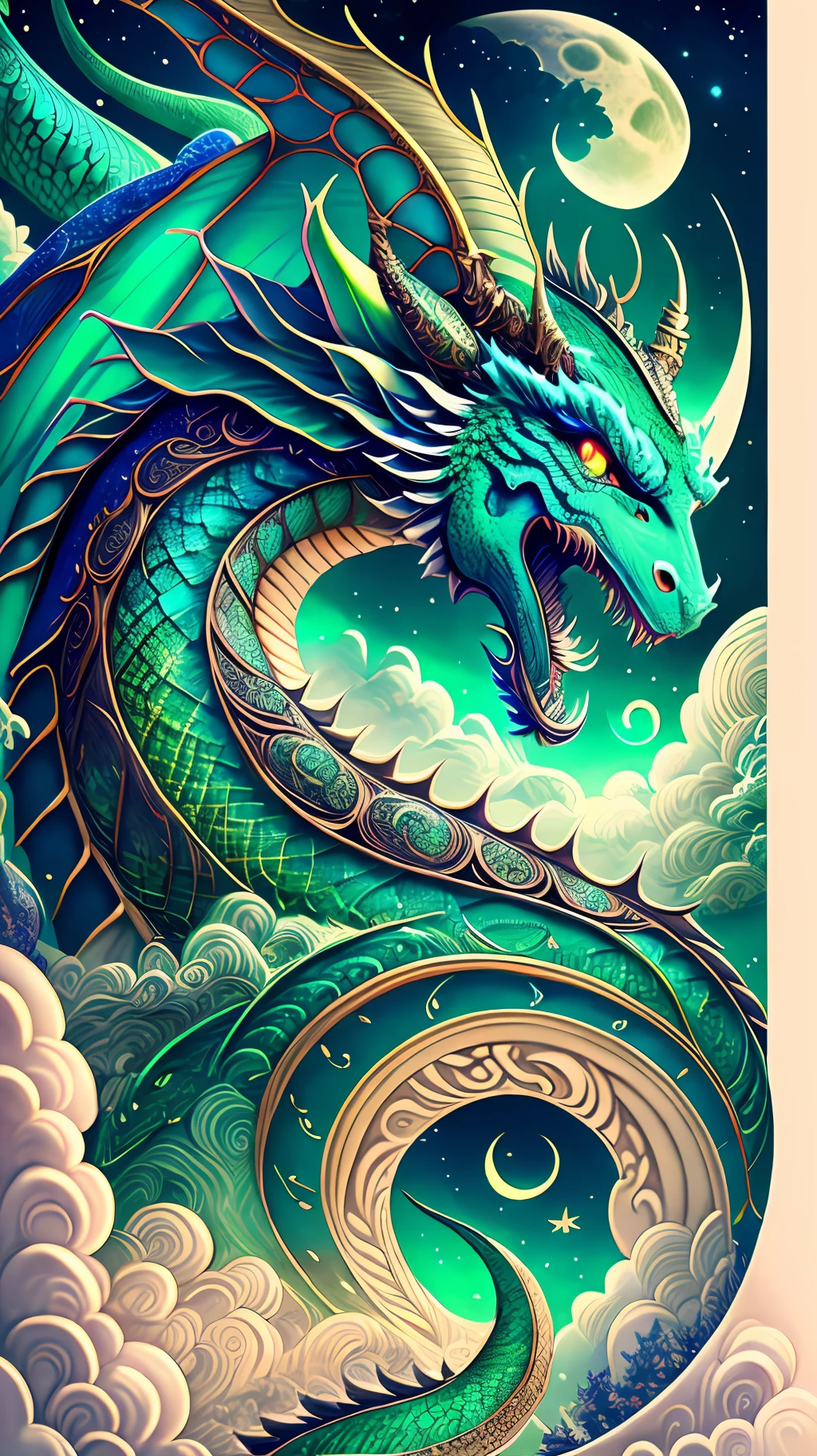 a close up of a dragon on a cloud with a full moon in the background, majestic japanese dragon, detailed cover artwork, dragon art, cyan chinese dragon fantasy, chinese fantasy, chinese dragon concept art, high detailed official artwork, dragon in the sky, highly detailed fantasy art, green colour, highly detailed digital artwork, 4 k highly detailed art, highly detailed cover art --auto --s2