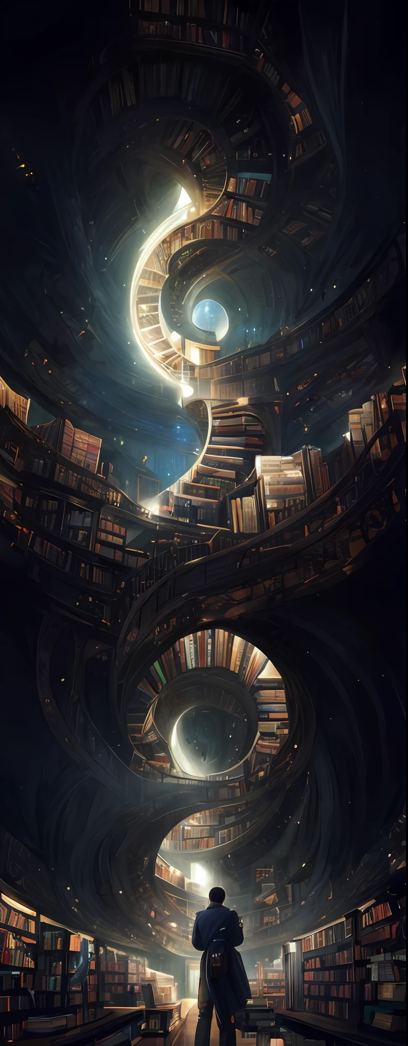 arafed image of a man standing in a library with books, endless books, borne space library artwork, books cave, fantasy book illustration, spiral shelves full of books, infinite celestial library, an eternal library, gothic epic library concept, magic library, japanese sci - fi books art, beeple and jean giraud, books all over the place