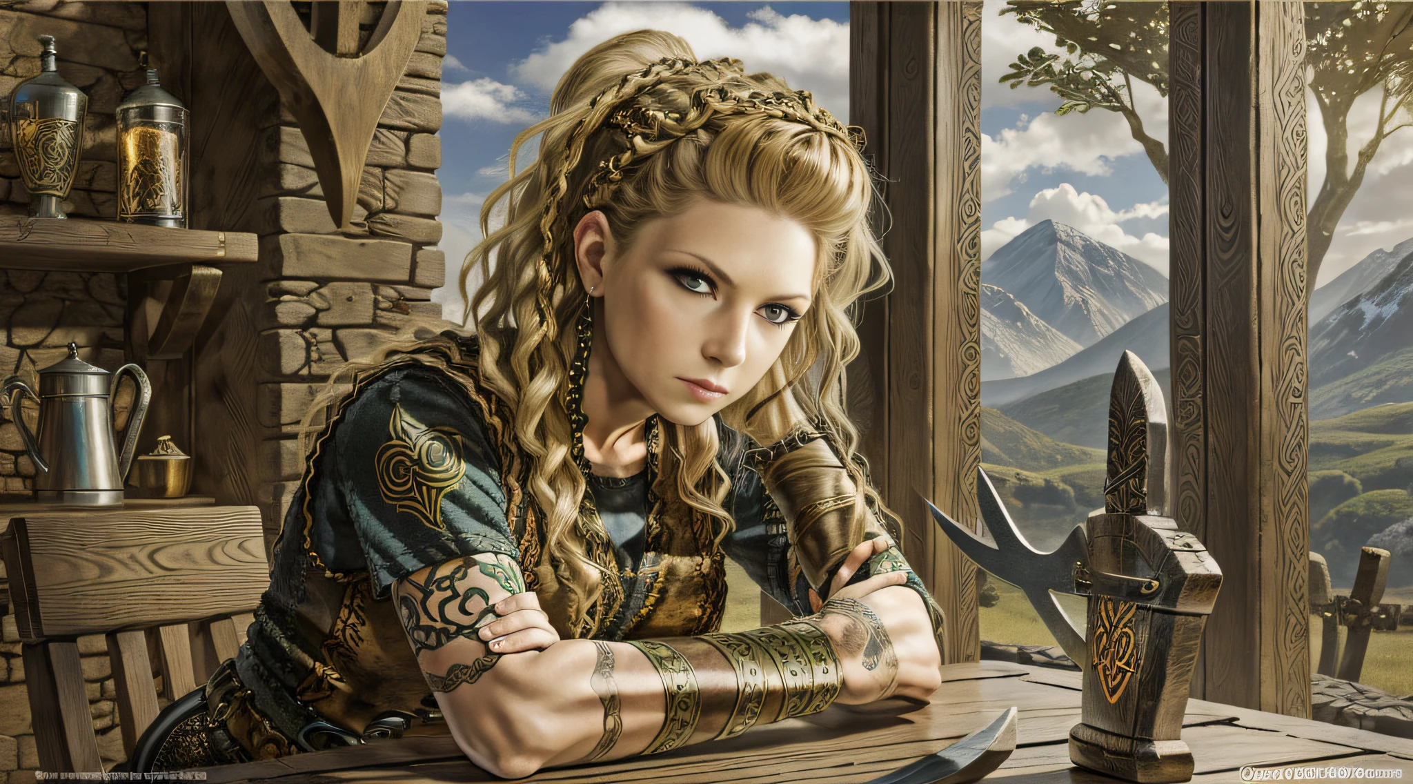 A very beautiful woman, a Celtic warrior, holding a Celtic axe, leaning on the table of an ancient tavern, black clothes, Celtic tattoos for the body. Cartoon style, colorful, two-dimensional