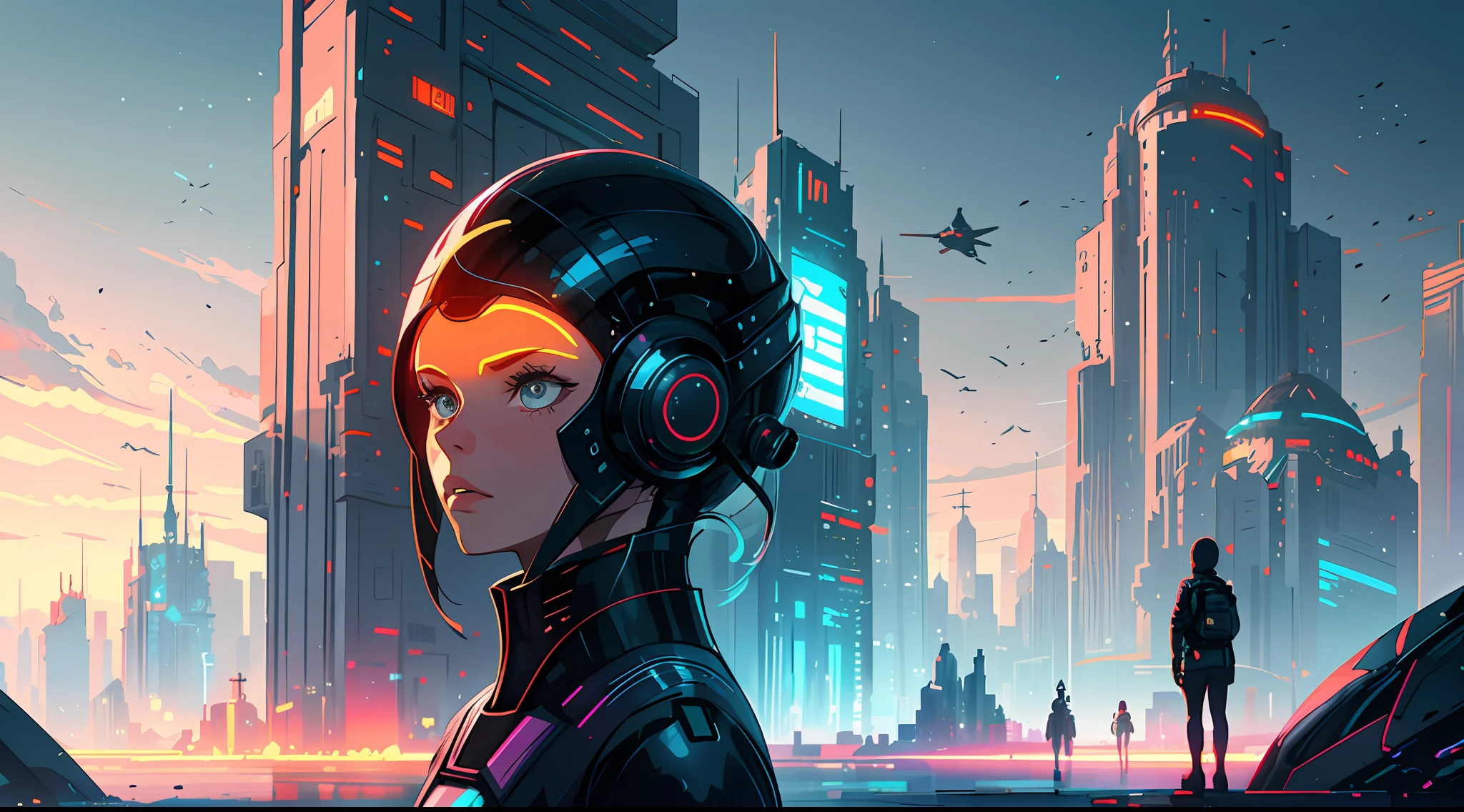 there are two people standing in front of a futuristic city, alena aenami and android jones, arstation and beeple highly, sci - fi illustrations, sci-fi illustrations, sci-fi digital art illustration, beeple and jeremiah ketner, sci - fi illustration, sci-fi illustration, beeple and tim hildebrandt