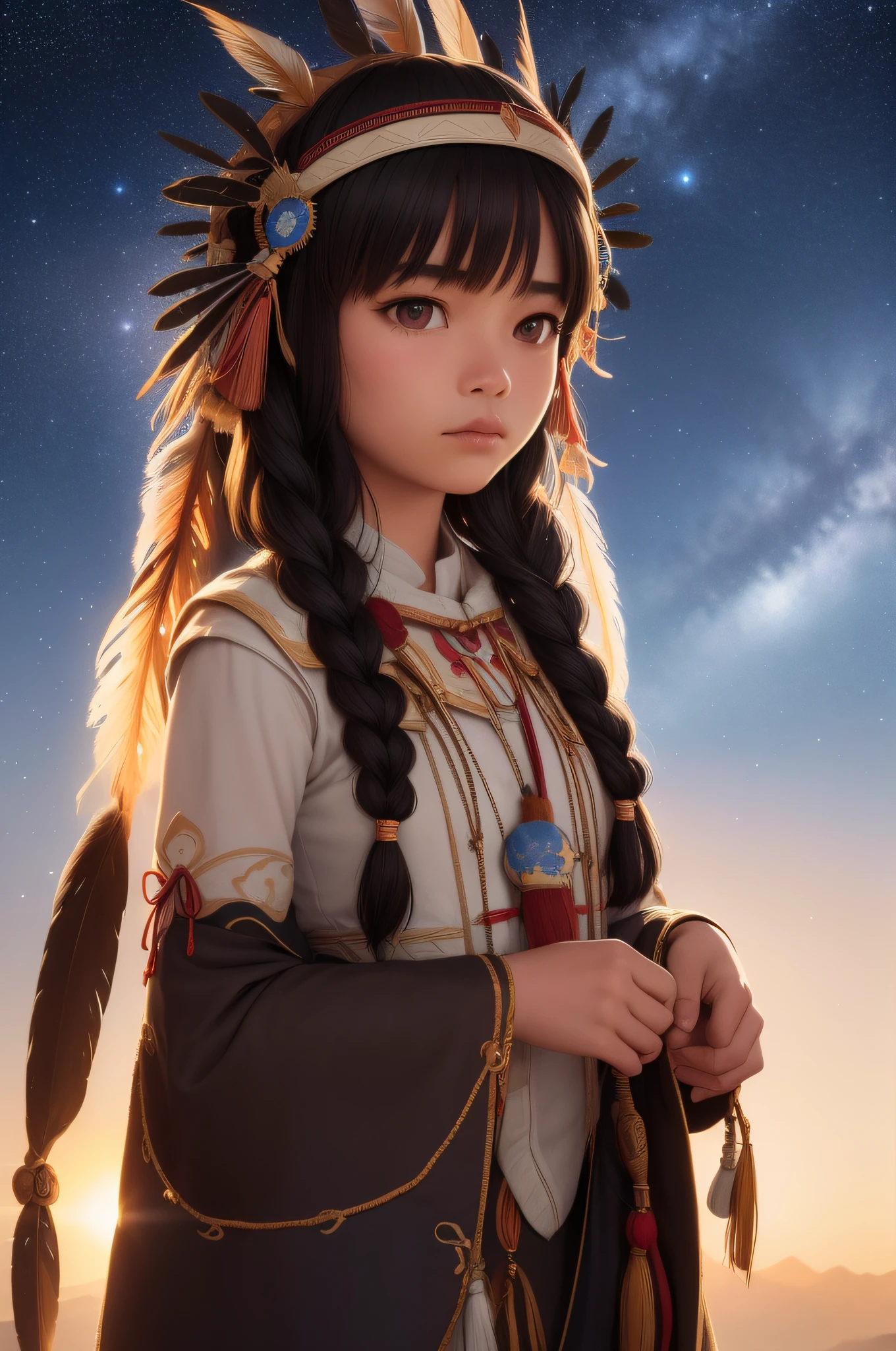 best quality ,masterpiece, illustration, an extremely delicate and beautiful, extremely detailed ,CG ,unity ,8k wallpaper, Amazing, finely detail, masterpiece, best quality, official art, extremely detailed CG unity 8k wallpaper, huge filesize , ultra-detailed, highres, extremely detailed, beautiful detailed Native American girl, extremely detailed eyes and face, beautiful detailed eyes, light on face, 1girl, (18yo:1.2), glaring, serious, from behind, (galaxy:1.2), star \(sky\), (night sky:1.4), outdoors, (upper body:1.4), detailed sky, night, arms at sides, brown eyes, indigenous dress, indigenous architecture, see-through, headdress