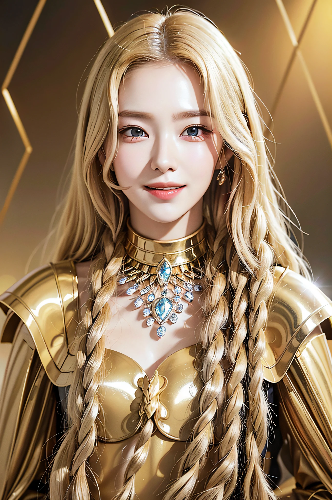 Golden diamond armor, long blonde hair, golden pupils, golden light background, golden transparent wings, diamond texture, smiling, golden eyes, flashing golden notes around, maiden, golden starlight, dazzling