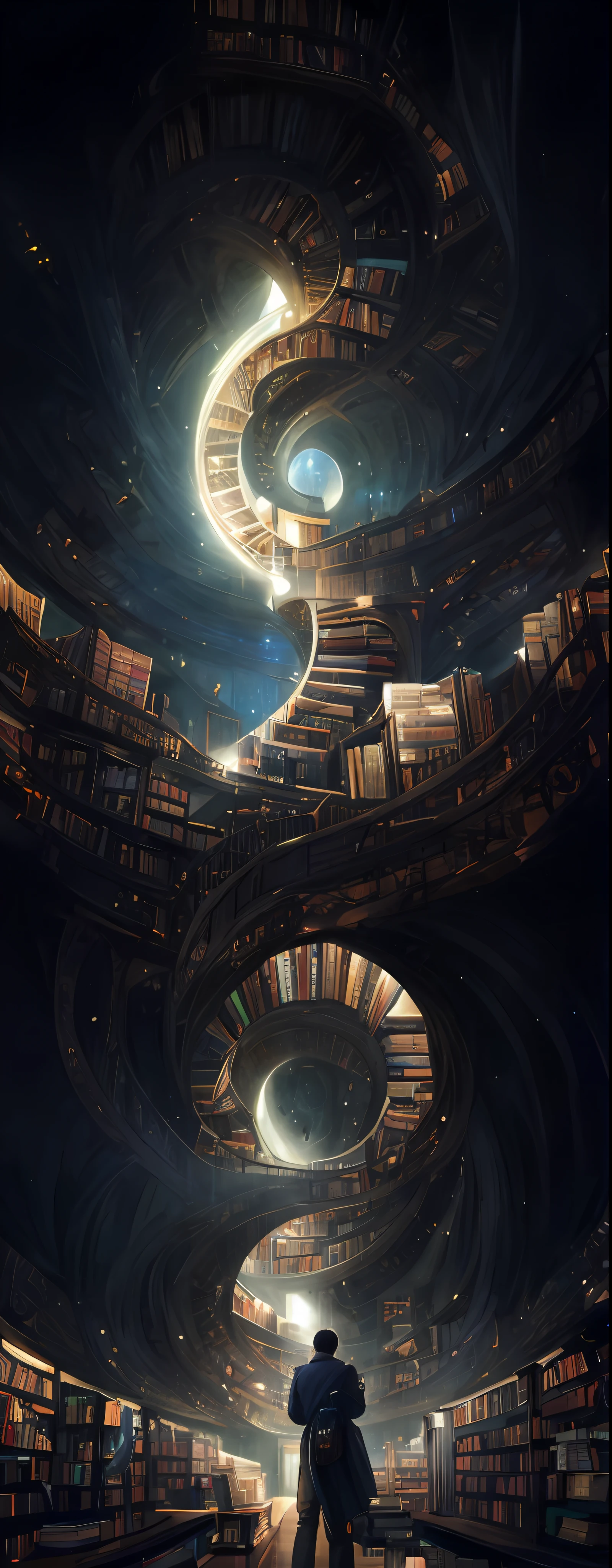 arafed image of a man standing in a library with books, endless books, borne space library artwork, books cave, fantasy book illustration, spiral shelves full of books, infinite celestial library, an eternal library, gothic epic library concept, magic library, japanese sci - fi books art, beeple and jean giraud, books all over the place