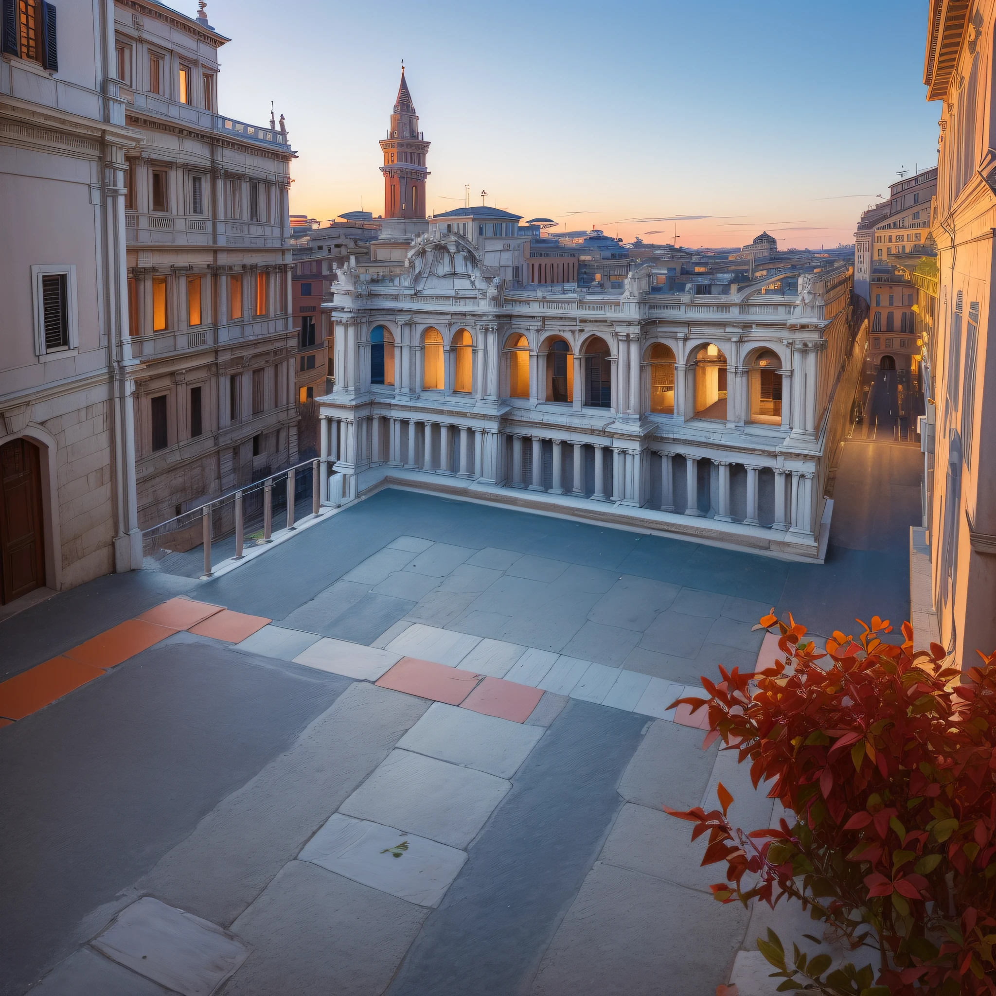 (Description: Beautiful Late Afternoon + Rome Sunset Street), (Rome style + Italy architecture), (High Quality + Best Lighting), (Beautiful Sunset) (blue / orange / red sky + birds), (Dynamic angles + continuous path), (Nostalgic + memory style + twilight), (main frame: street + building) + (empty streets, no people and no cars, just the beautiful architecture of Rome for contemplation)+(feeling of peace and tranquility).