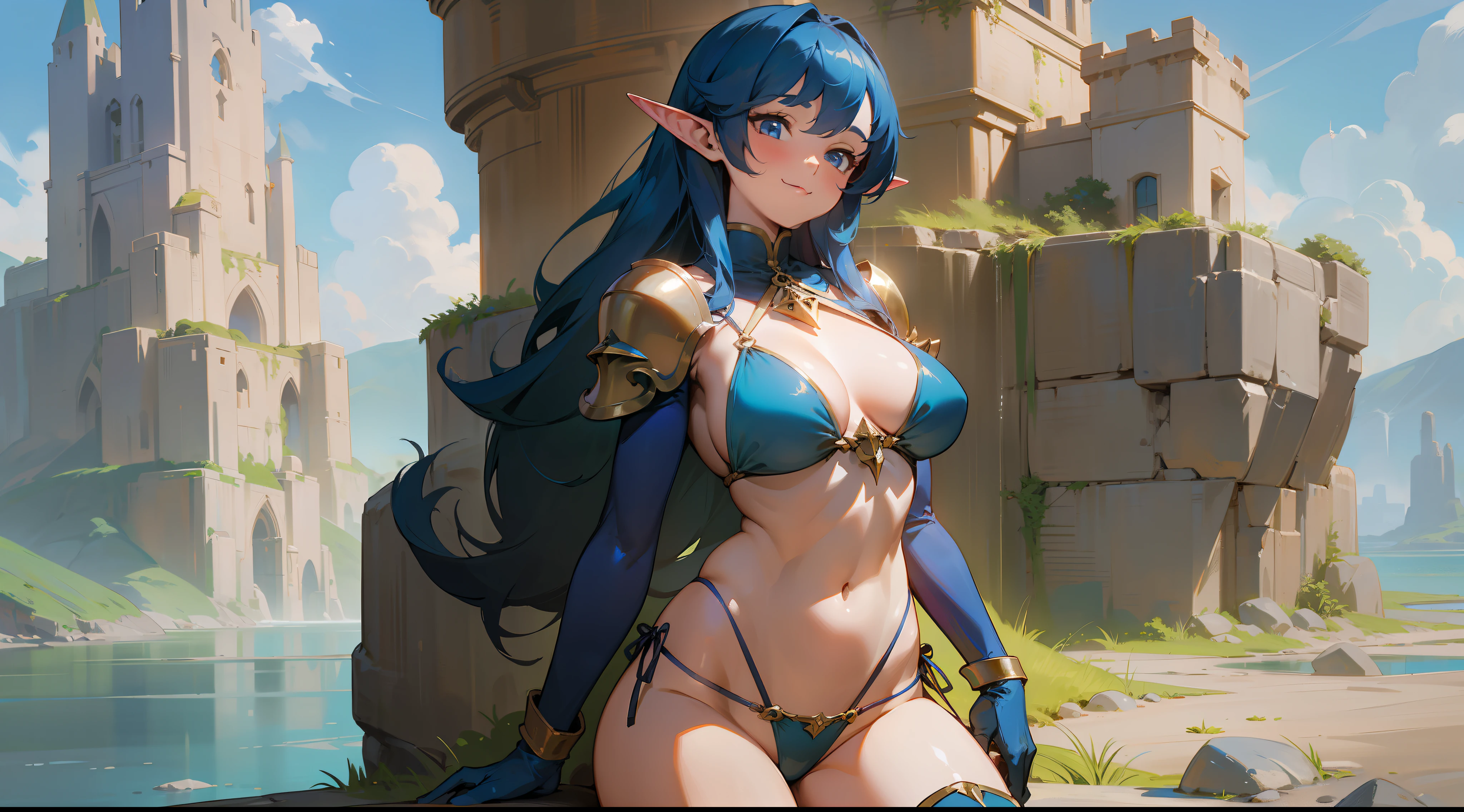 masterpiece, best quality, oil painting, Krenz Cushart, pastel crayon, mature woman, elf, dark blue long hair, 80s, smiling, medium breasts, exposed thighs, exposed navel, exposed arms, bikini, big shoulder pad, gloves, cinnamon height boots, can dynamic, in a stone dungeon, sun, desert, fantasy, medieval, water magic, well detailed brightness.