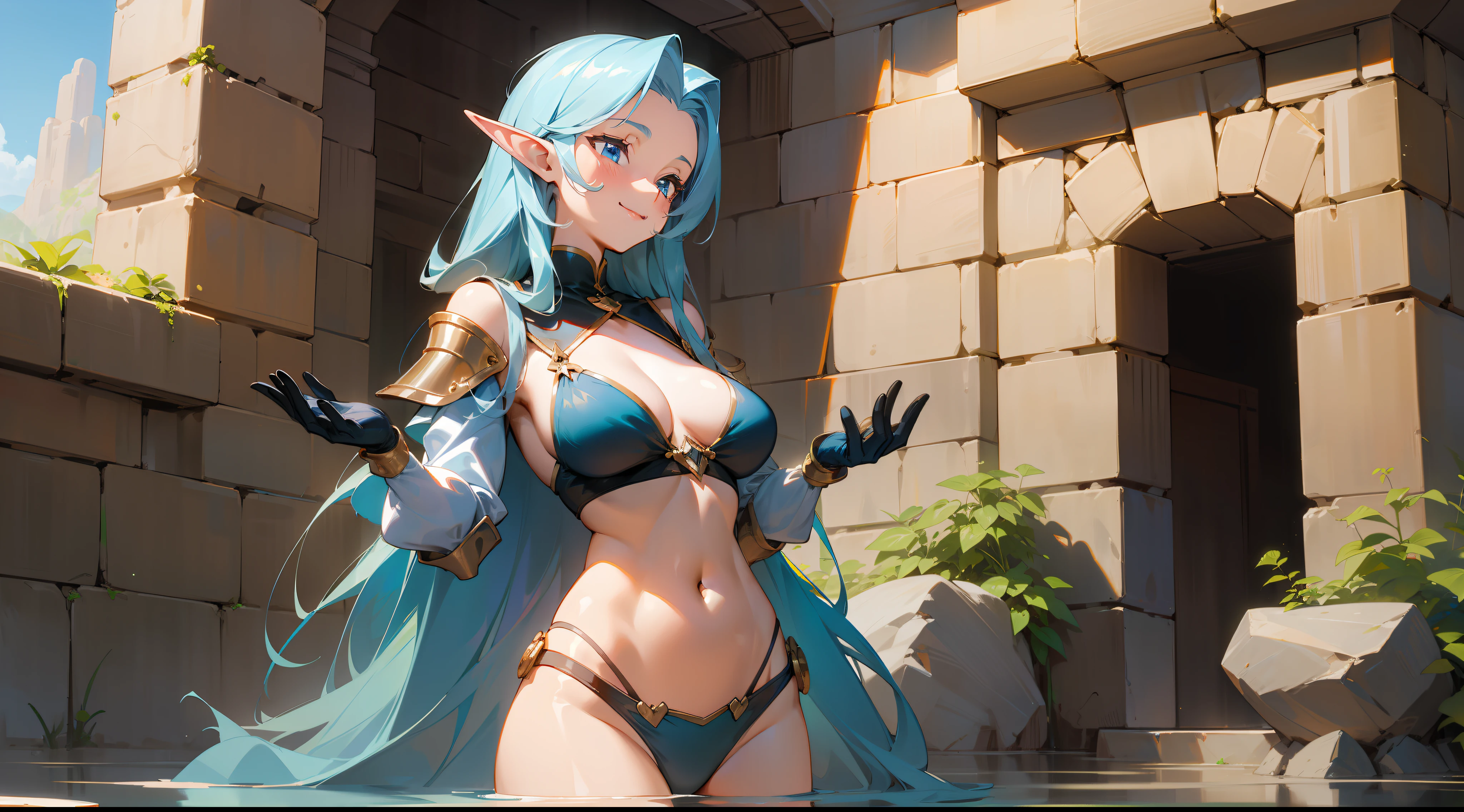 masterpiece, best quality, oil painting, Krenz Cushart, pastel crayon, mature woman, elf, dark blue long hair, 80s, smiling, medium breasts, exposed thighs, exposed navel, exposed arms, bikini, big shoulder pad, gloves, cinnamon height boots, can dynamic, in a stone dungeon, sun, desert, fantasy, medieval, water magic, well detailed brightness.