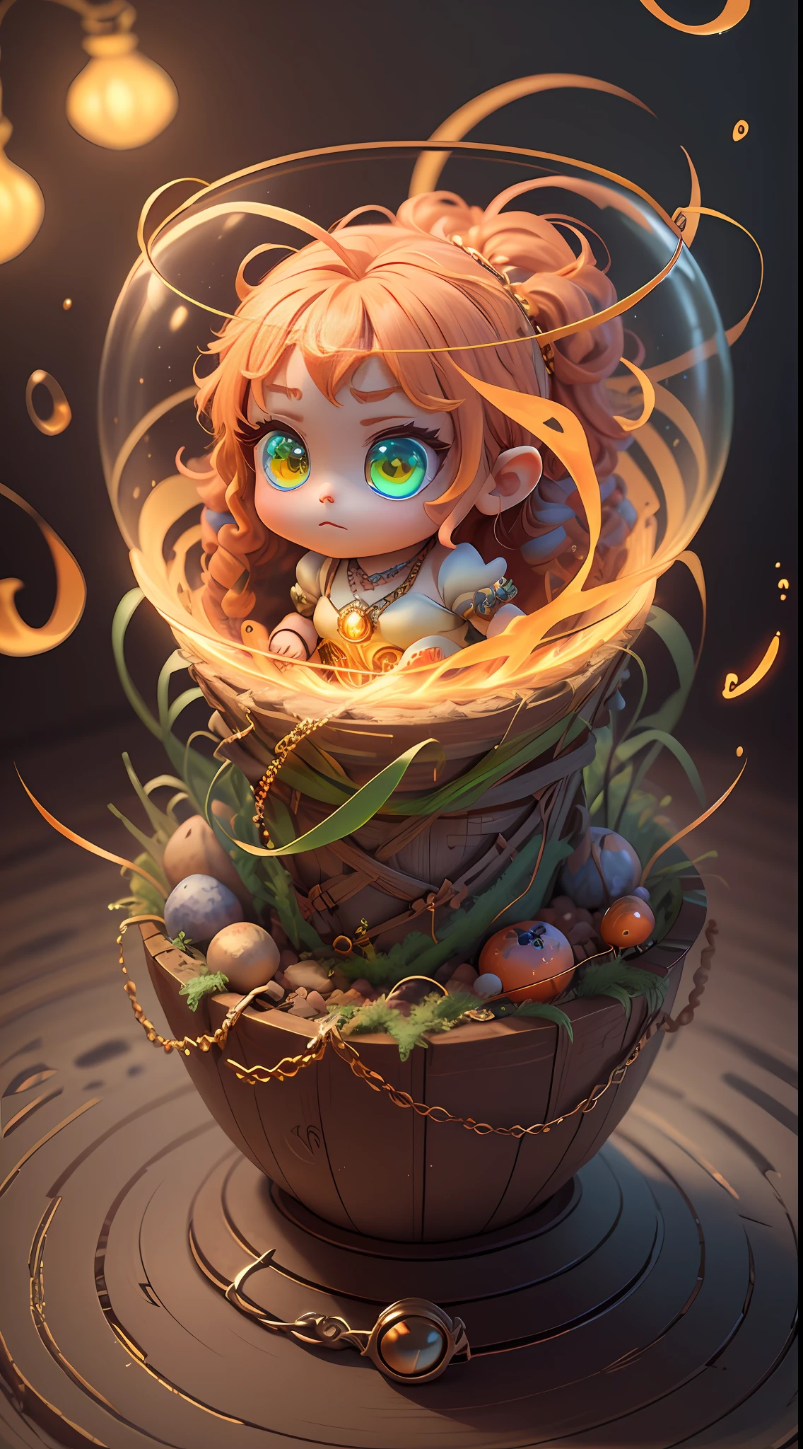 beautiful tiny hyperrealistic gorgon, with realistic eyes and bright different colors taking care of a necklace, shades of fire, Chibi, adorable and cute, logo design, cartoon, cinematic lighting effect, charming, 3D vector art, cute and quirky, fantasy art, bokeh, hand drawn, digital painting, soft lighting, isometric style, 4K resolution, photorealistic rendering, highly detailed cleaning, vector image, photorealistic masterpiece, professional photography, simple space scenery, isometric, vibrant vector