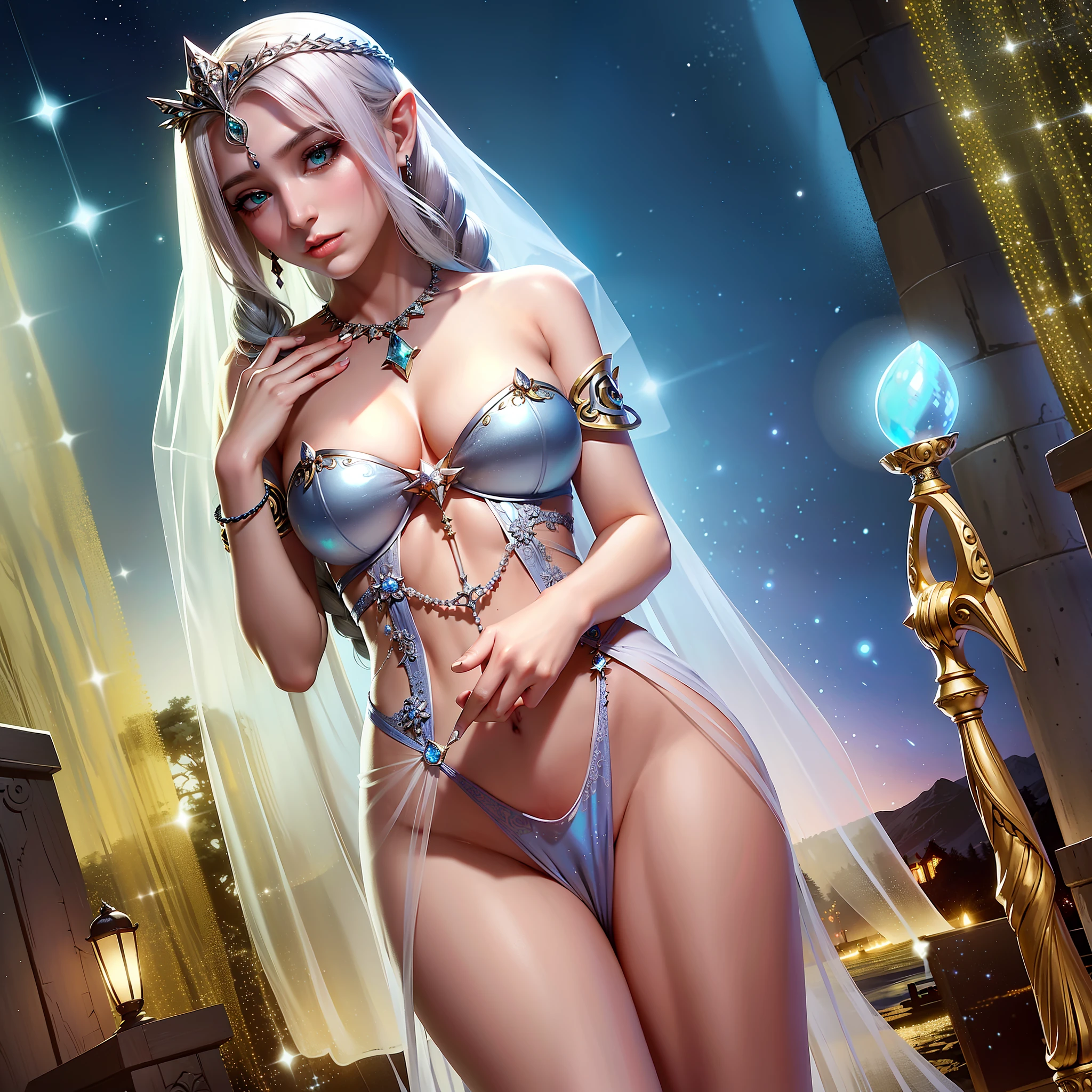 Valeria, the Enchantress of Elysia, is an ethereal figure exuding otherworldly elegance. Standing at 5'9" with porcelain white skin, she possesses captivating emerald-green eyes and long, flowing silver hair adorned with elven braids and nightshade flowers. She wears a resplendent gown of midnight blue moonlit silk, adorned with golden constellations. A silver tiara with moonstones rests on her brow, while silver armlets and a necklace with an iridescent teardrop complete her ensemble. She wields an intricately carved staff with elven symbols and a pulsating sapphire orb. Valeria's allure lies in her mystical aura, embodying grace, mystique, and raw magical power, making her an enchanting centerpiece for your TCG game targeted toward a mature audience.