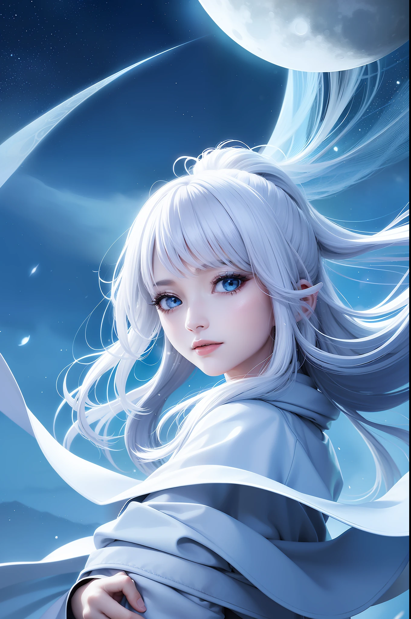 Masterpiece, (Best Quality: 1.2), (Super Fine: 1.2), Illustration, (Extremely Delicate and Beautiful: 1.2), Film Angle, Floating, (Beautiful Detail Eye: 1.1), (Detail Light: 1.1), Film Lights, Delicate Sky, Woman, White Hair, Blue Eyes, (High Ponytail: 1.1), Cloak, Glowing Eyes, (Moon: 1.2), (Moonlight: 1.1), Starry Sky, (Light Particles: 1.1), Fog , snow painting, sketching, blooming