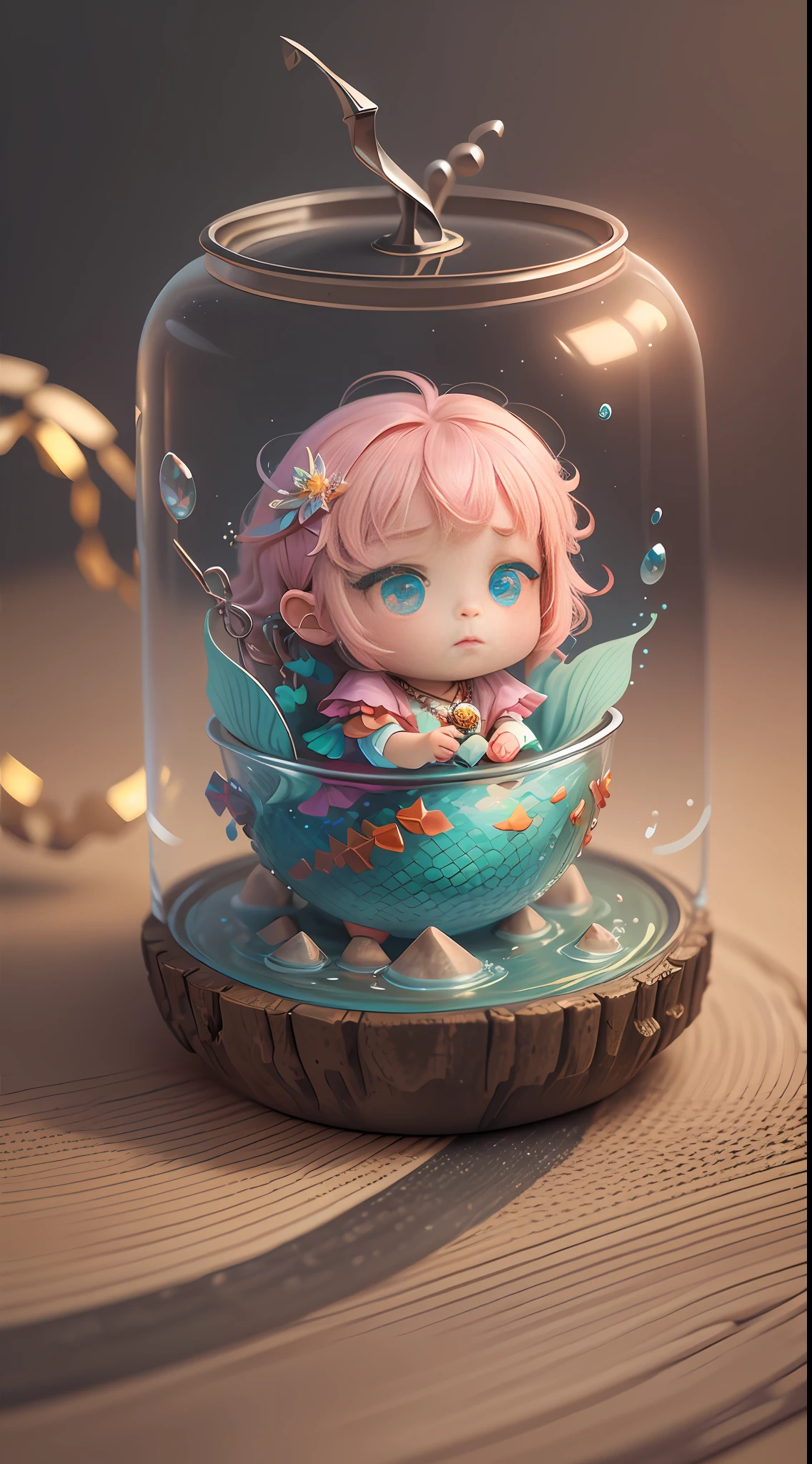 beautiful tiny hyperrealistic mermaid with realistic eyes and bright different colors taking care of a necklace, shades of fire, Chibi, adorable and cute, logo design, cartoon, cinematic lighting effect, charming, 3D vector art, cute and quirky, fantasy art, bokeh, hand drawn, digital painting, soft lighting, isometric style, 4K resolution, photorealistic rendering, highly detailed cleaning, vector image, photorealistic masterpiece, professional photography, simple space scenery, isometric, vibrant vector