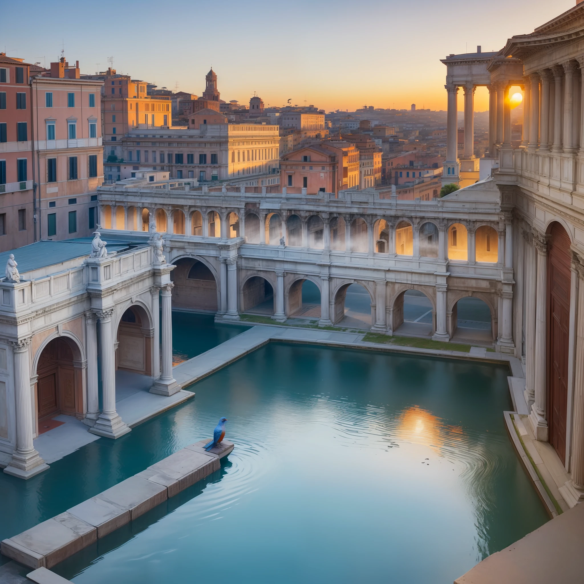 (Description: Beautiful Late Afternoon + Rome Sunset Street), (Rome style + Italy architecture), (High Quality + Best Lighting), (Beautiful Sunset) (blue / orange / red sky + birds), (Dynamic angles + continuous path), (Nostalgic + memory style + twilight), (main frame: street + building) + (empty streets, no people and no cars, just the beautiful architecture of Rome for contemplation)+(feeling of peace and tranquility).