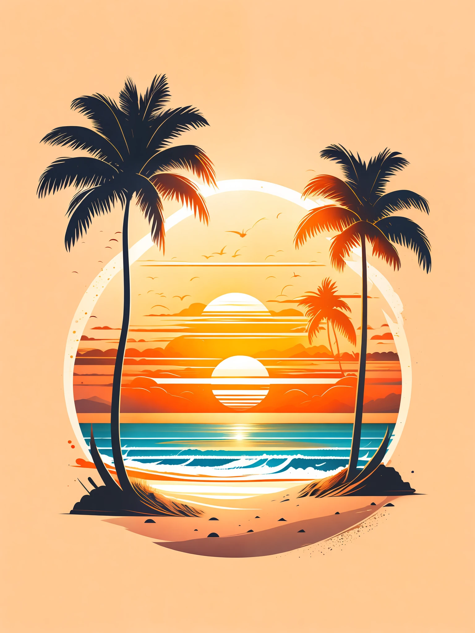 Sunset on the beach, white sand, epic composition, t-shirt design, rzminjourney, vector art