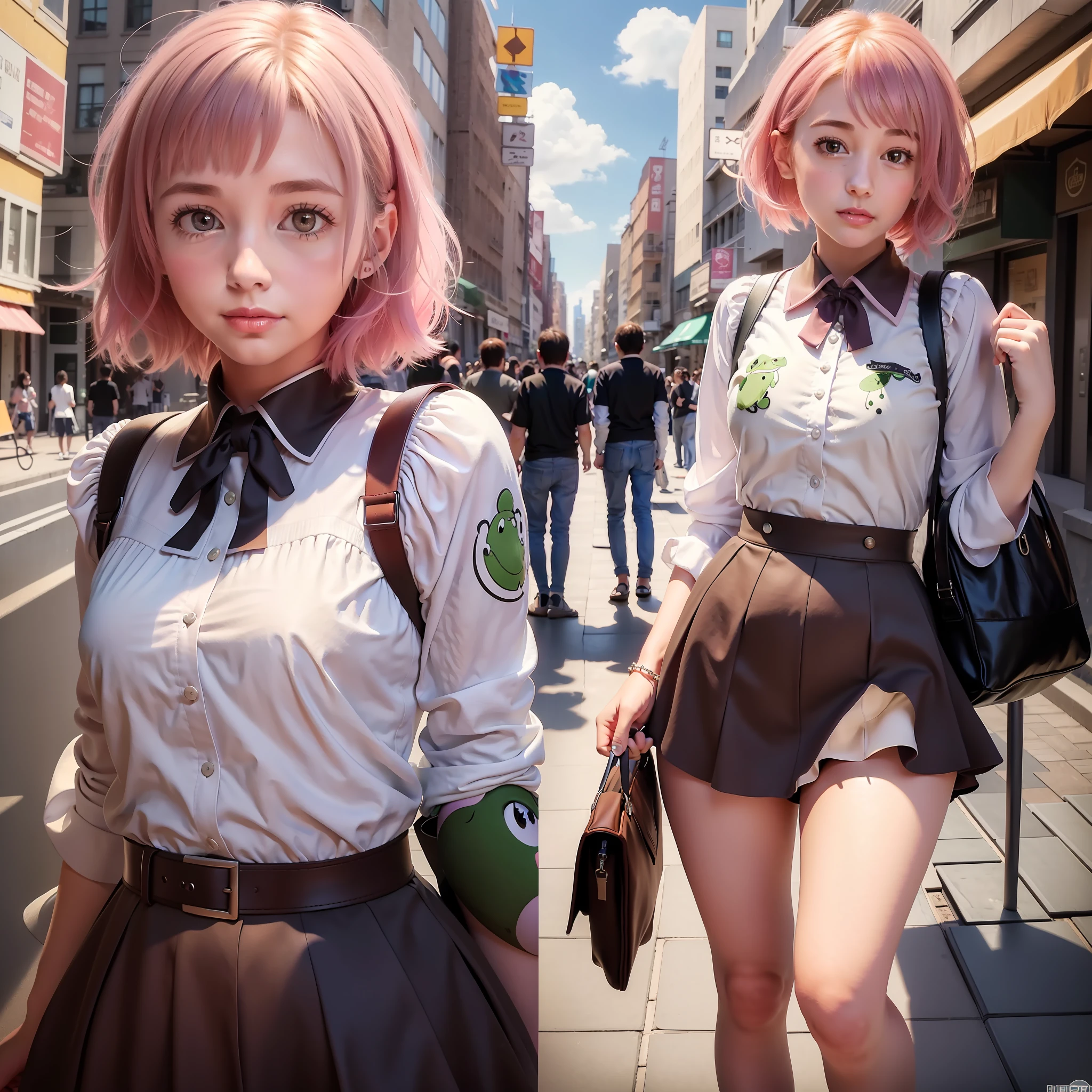 (8K, Best Quality, Masterpiece: 1.2), (Realistic, Photorealistic: 1.37), Ultra High Definition, 1 Girl, Cute, Solo, Beautiful Fine Sky, Date, (Blush), (Smile: 1.15), (Mouth Closed) Small breasts, beautiful eyes in every detail, (Shirt with collar: 1.1), (Short hair: 1.3), (Floating hair: Novafrog) Style: 1.2), JK, Knight, Pink Light, trending on pixiv, concept art, single character full body