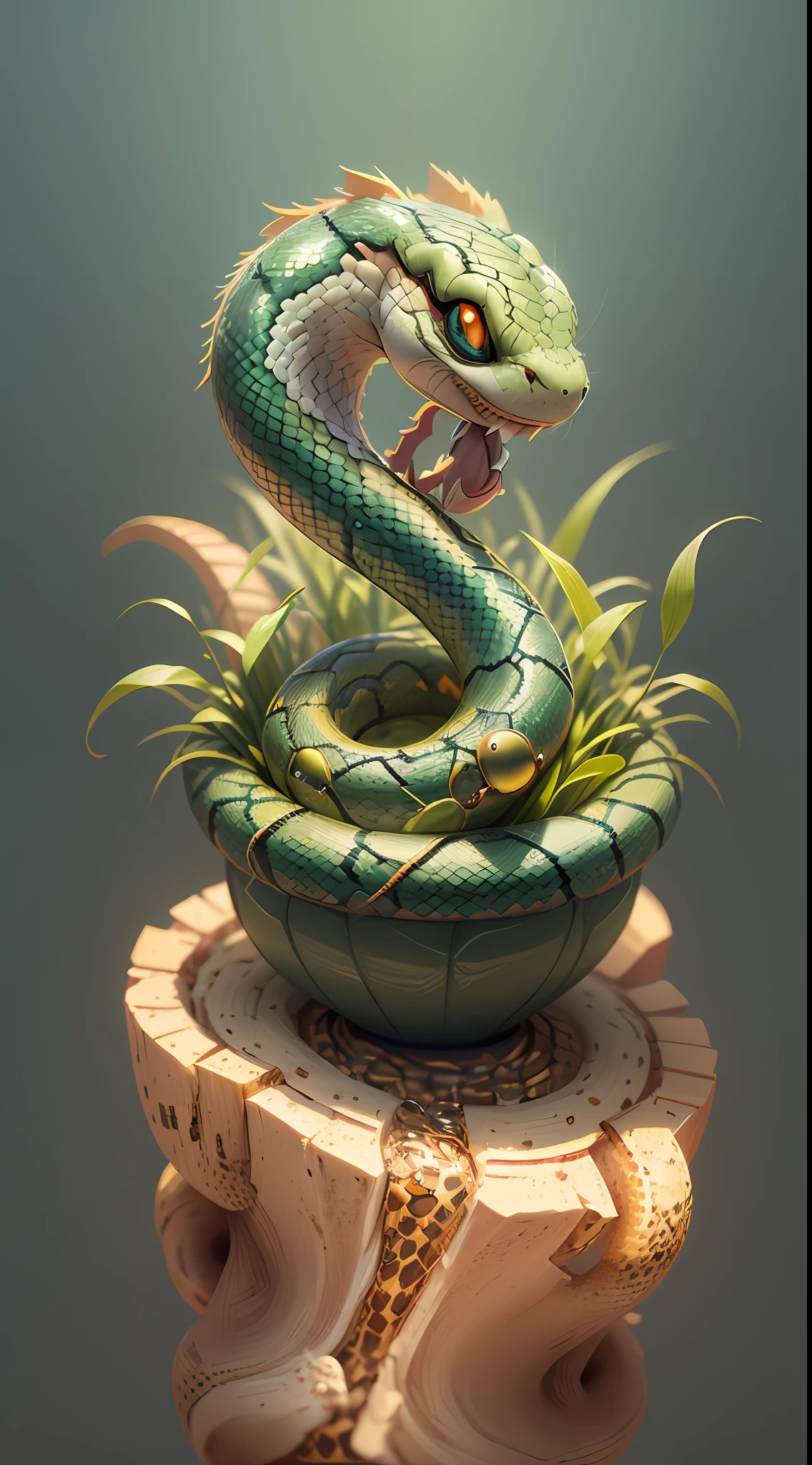 beautiful tiny gorgon(hair of living snakes) hyperrealistic with realistic eyes and bright different colors taking care of a necklace, shades of fire, Chibi, lovely and cute, logo design, cartoon, cinematic lighting effect, charming, 3D vector art, cute and quirky, fantasy art, bokeh, hand drawn, digital painting, soft lighting, isometric style, 4K resolution,  photorealistic rendering, highly detailed cleaning, vector image, photorealistic masterpiece, professional photography, simple space scenery, isometric, vibrant vector