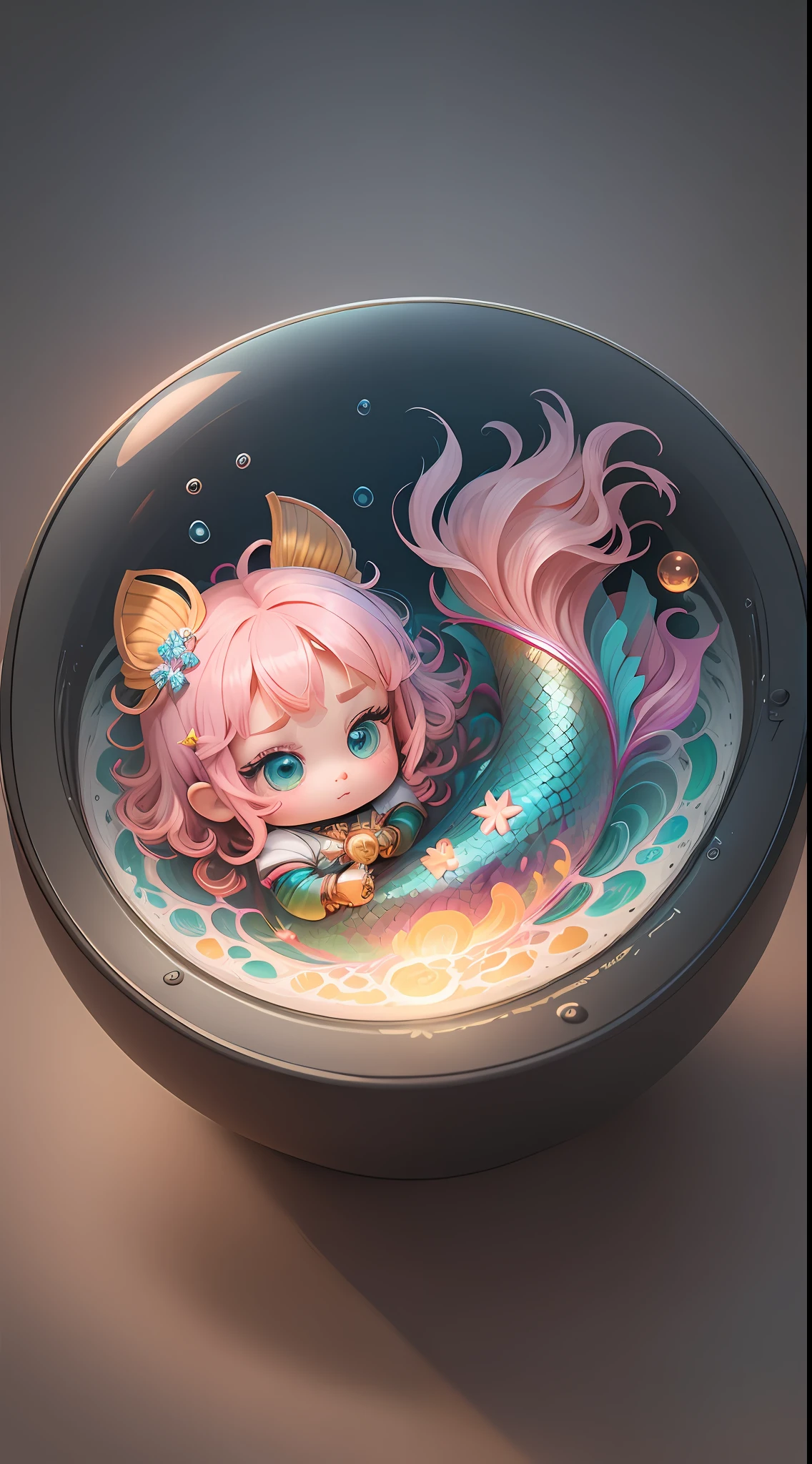 beautiful tiny hyperrealistic mermaid with realistic and bright eyes, vibrant colors, caring for mystical animals, shades of fire, Chibi, adorable and cute, logo design, cartoon, cinematic lighting effect, charming, 3D vector art, cute and quirky, fantasy art, bokeh, hand drawn, digital painting, soft lighting, isometric style, 4K resolution, photorealistic rendering, highly detailed cleaning, vector image, photorealistic masterpiece, professional photography, simple space scenery, isometric, vibrant vector
