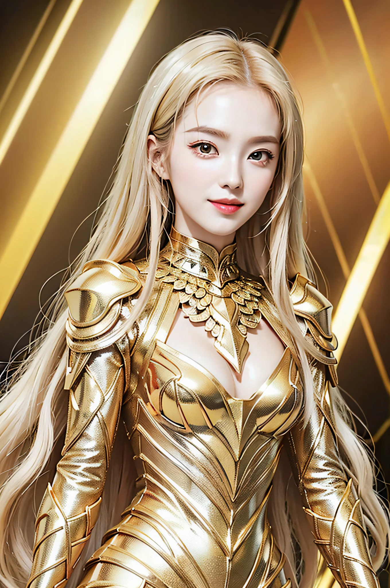 Golden diamond armor, long blonde hair, golden pupils, golden light background, golden transparent wings, diamond texture, smiling, golden eyes, flashing golden notes around, maiden, golden starlight, dazzling